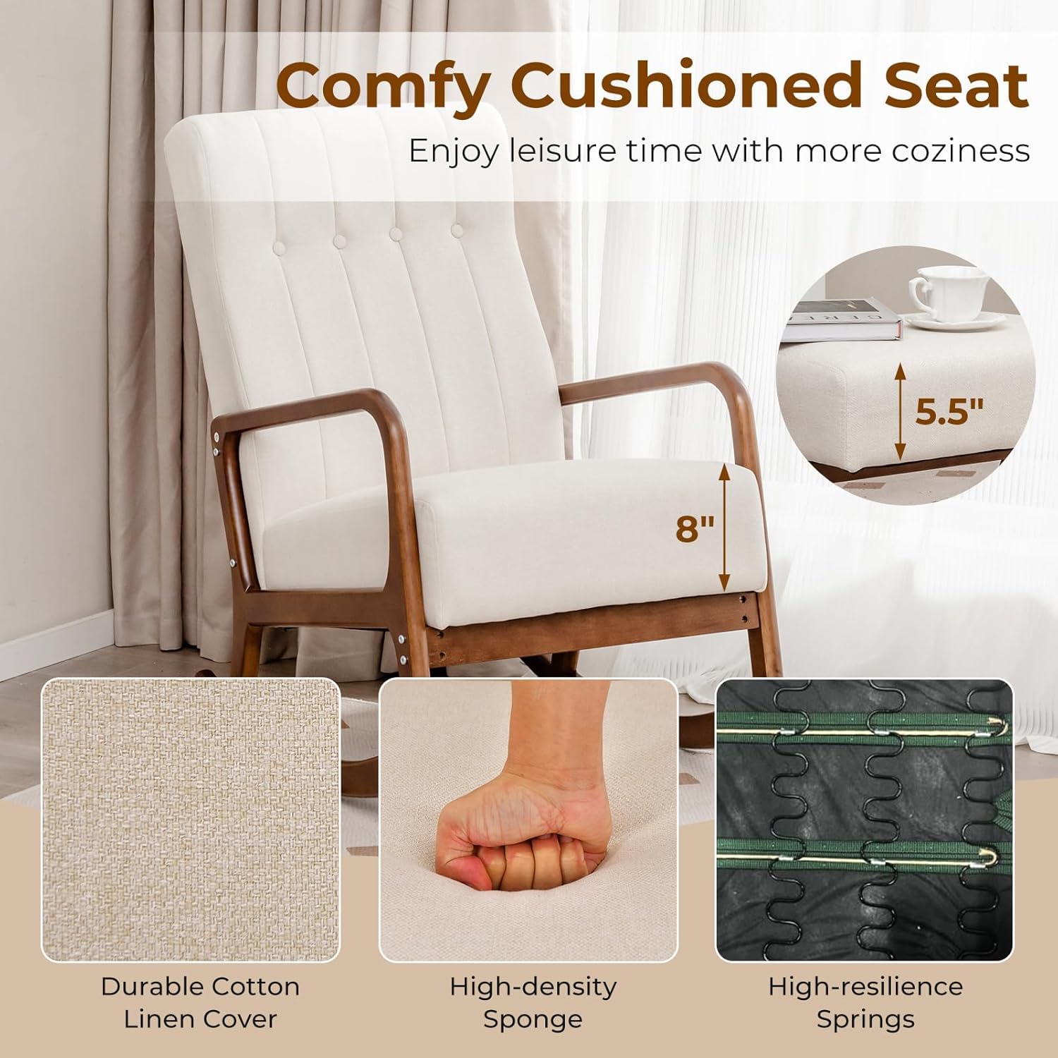 Nursery Rocking Chair with Ottoman, Upholstered Rocker Chair with Side Pocket