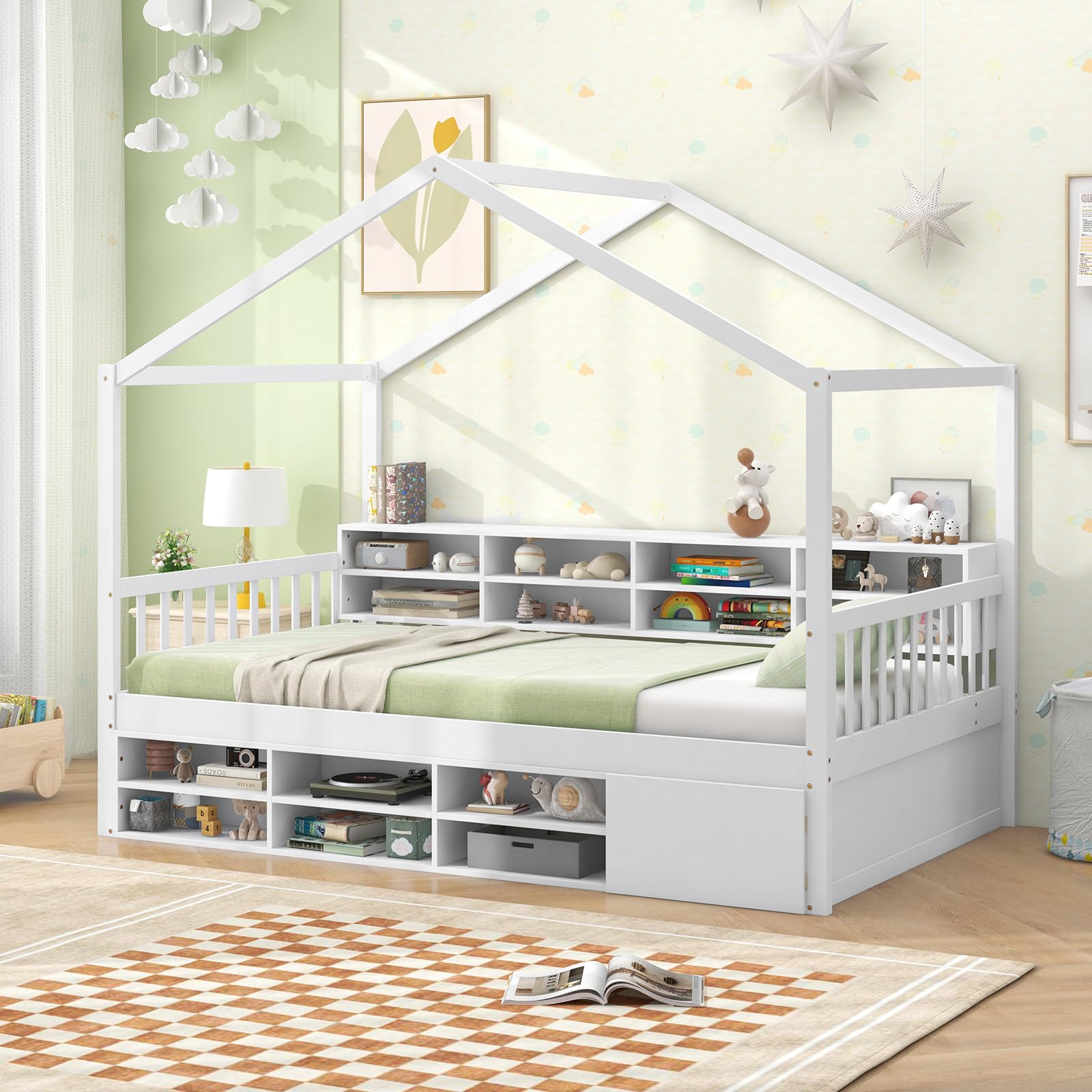 Twin Size House Bed with Storage, Wooden Montessori House Bed with 14 Storage Cubes, Enclosed Cabinet, Wood Slats & Fencing