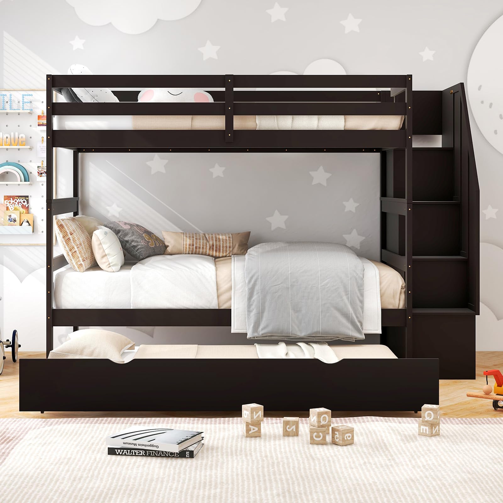 Twin Over Twin Wood Bunk Bed with Trundle & Storage Stairs, Convertible to 2 Separated Beds