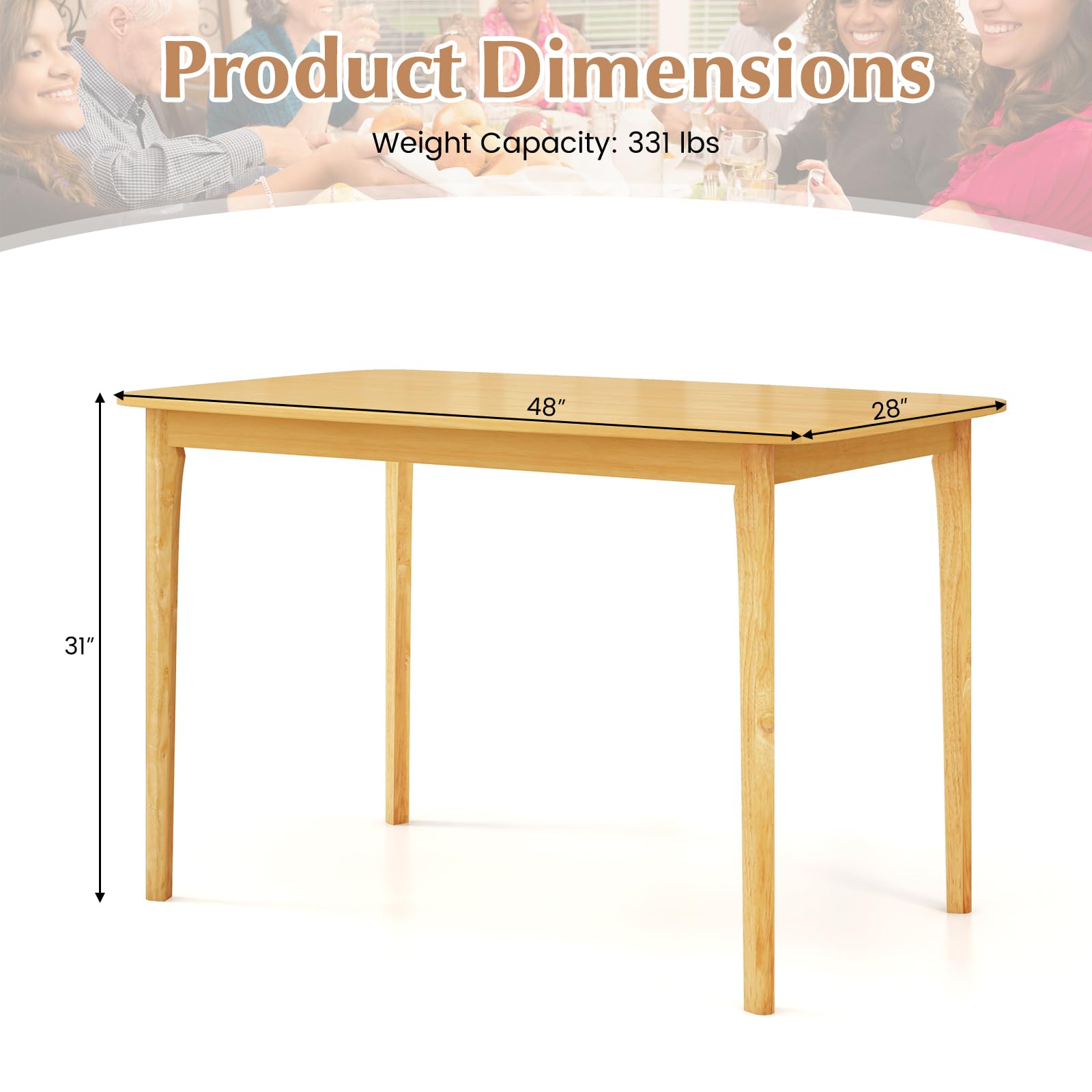 48" Rectangular Wooden Dining Table with Solid Rubber Wood Legs
