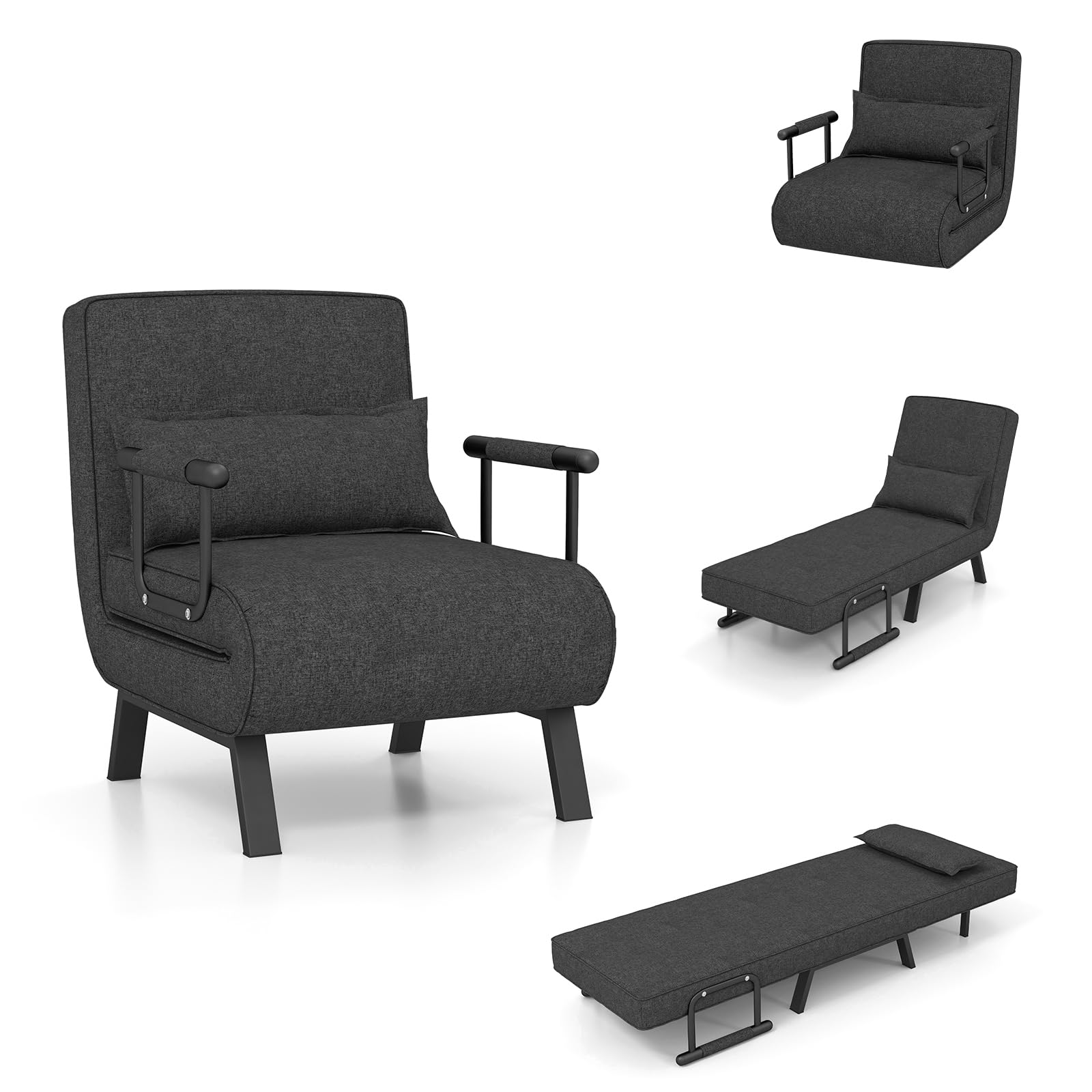 Convertible Upholstered Sleeper Chair Bed with Pillow, 4-in-1 Folding Sofa Bed with 6-Position Adjustable Backrest