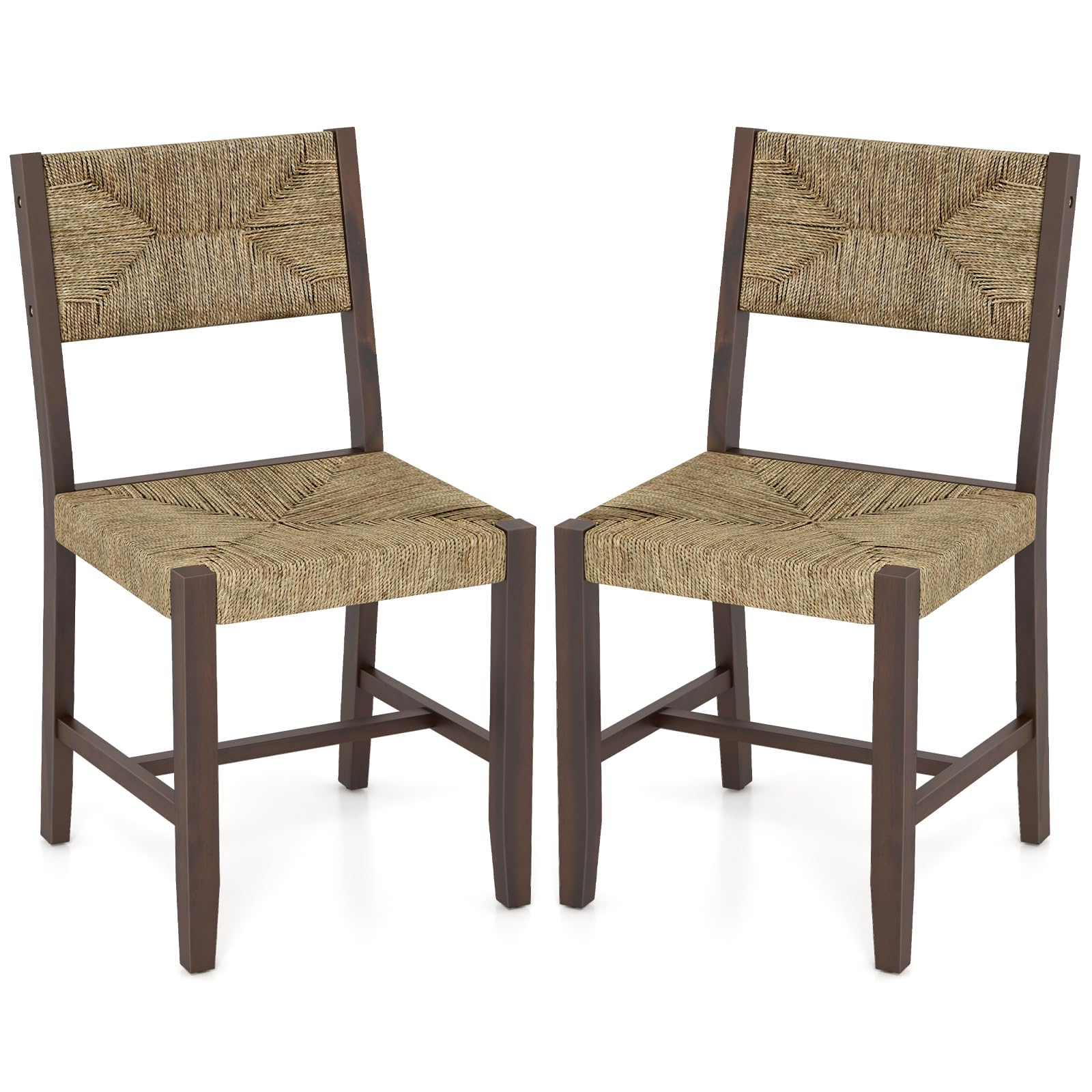 Rattan Dining Chairs Set of 2/4, Farmhouse Cane Side Chairs w/Woven Seaweed Backrest & Seat