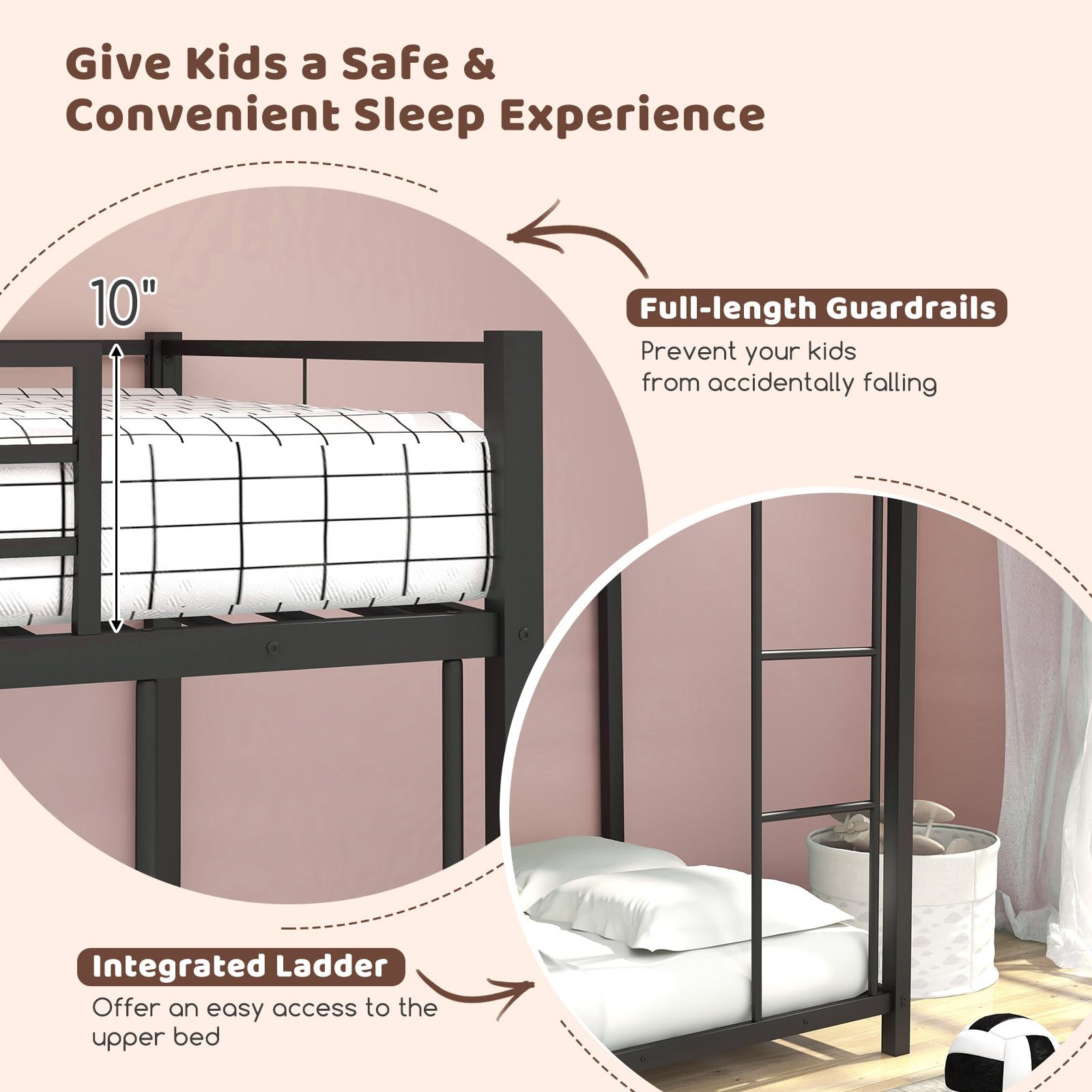 Twin Over Twin Metal Low Profile Bunk Bed with Safety Guard Rails & Side Ladder