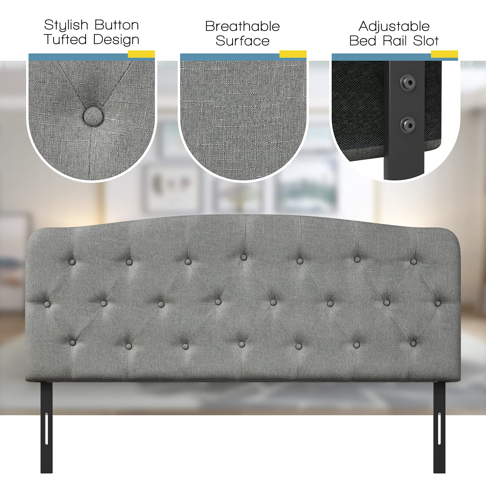 Upholstered Headboard, Adjustable Height from 38" to 53" Platform, Full Size