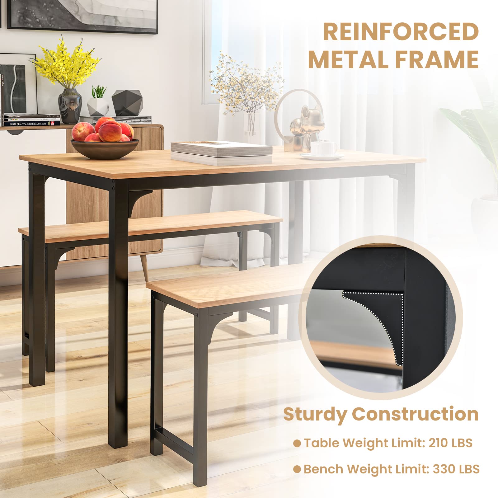 Dining Table Set with 2 Benches, Industrial Kitchen Table & Chairs with Metal Frame