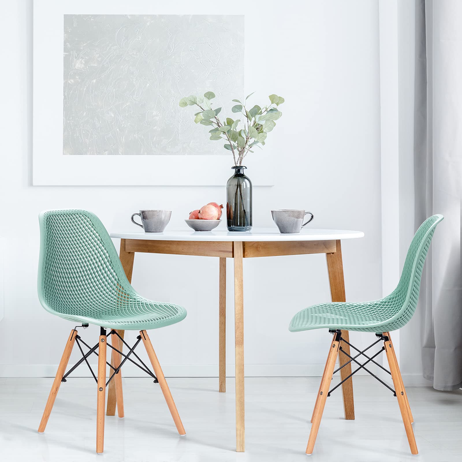Set of 2/4 Modern Dining Chairs, Outdoor Indoor Shell PP Lounge Side Chairs with Mesh Design, Beech Wood Legs