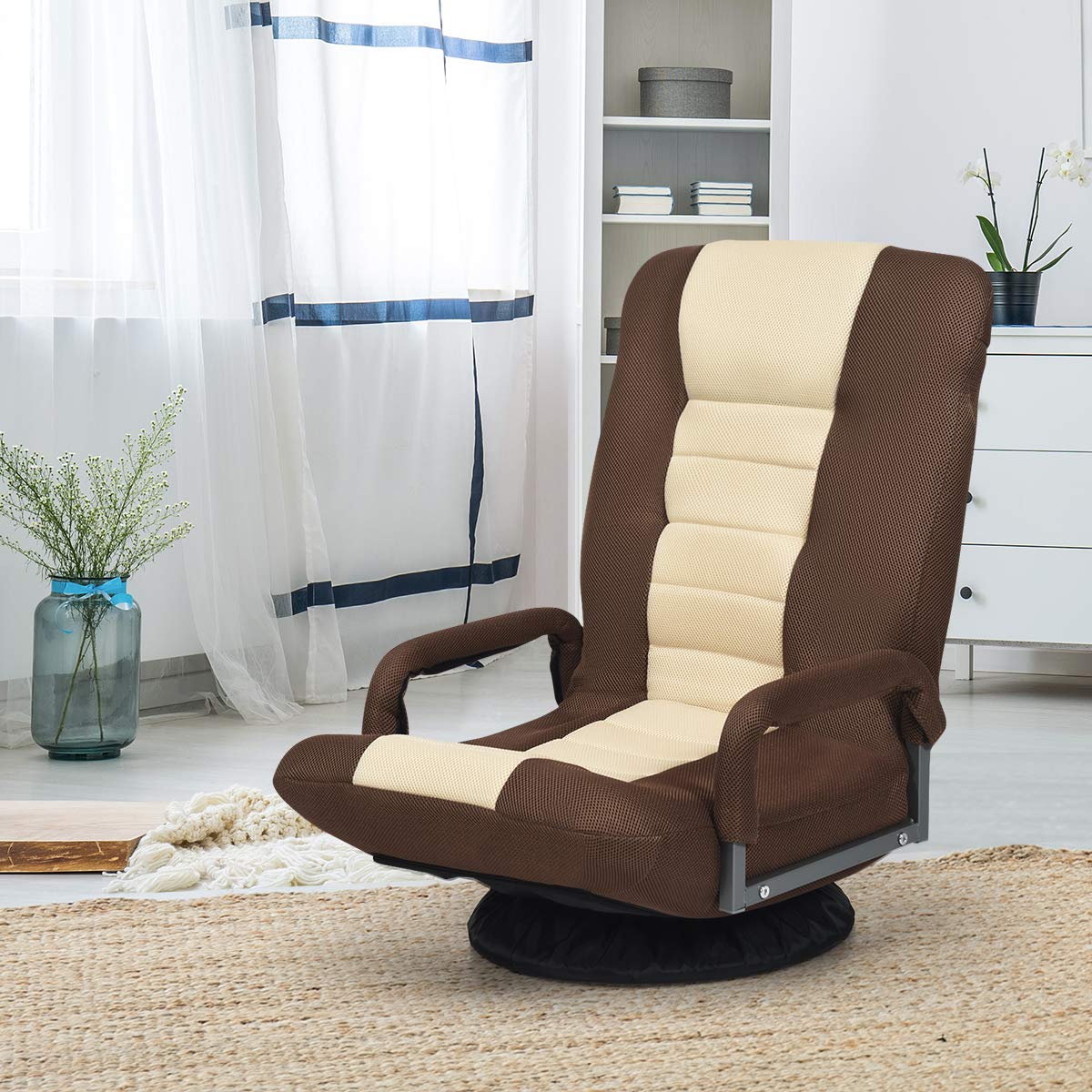 360-Degree Foldable Swivel Gaming Floor Chair With 6 Adjustable Position, Armrests, Padded Backrest