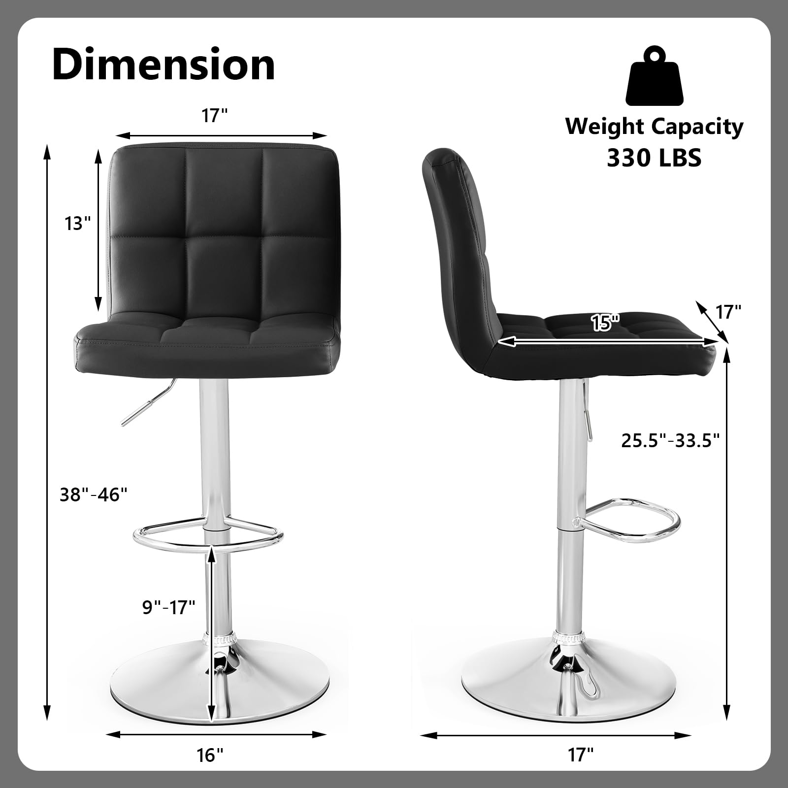 Modern PU Leather Height Adjustable Bar Stools  Set of 1/2 with Back, Footrest, Metal Base