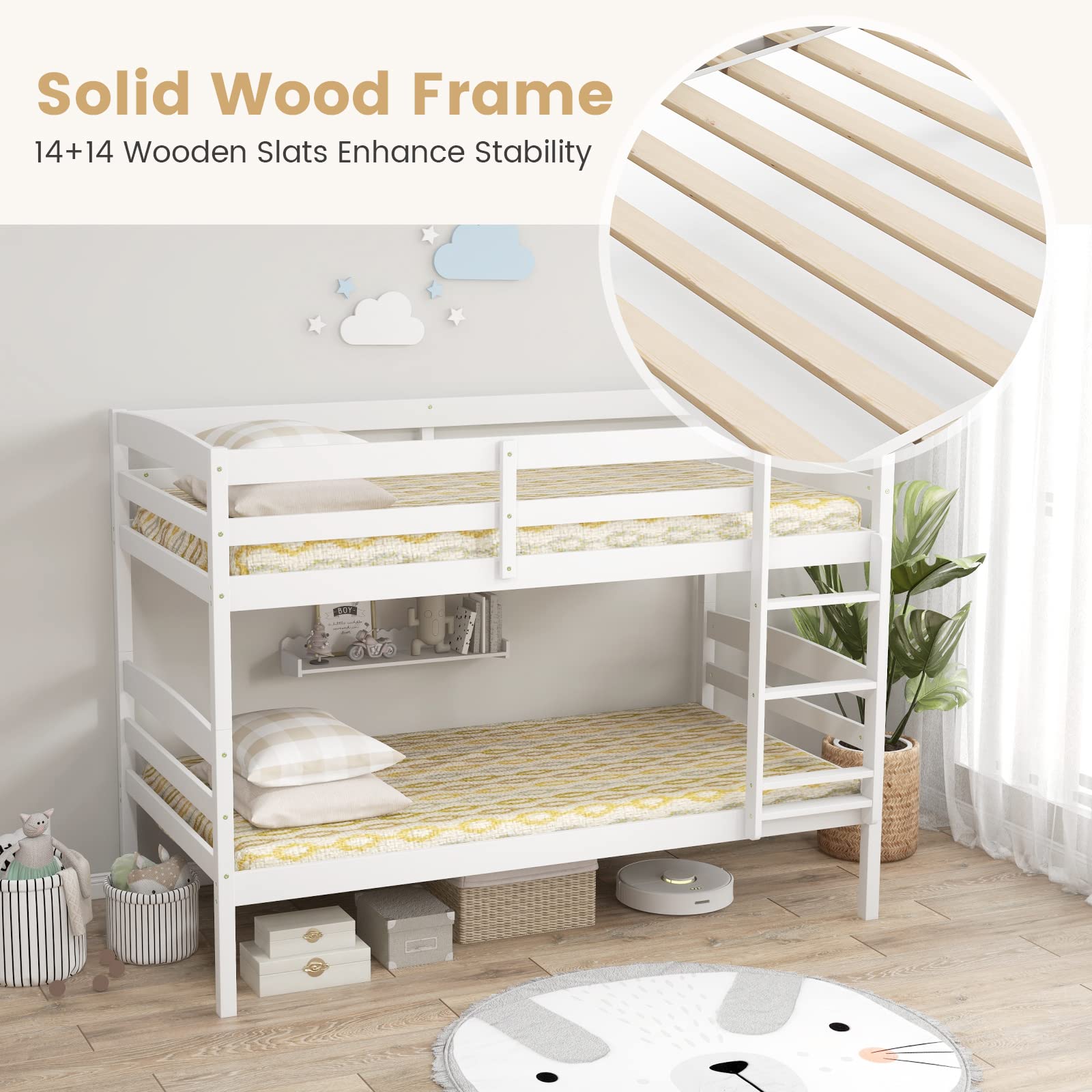 Twin Over Twin Wood Bunk Bed with Full-Length Guardrail & Integrated Ladder