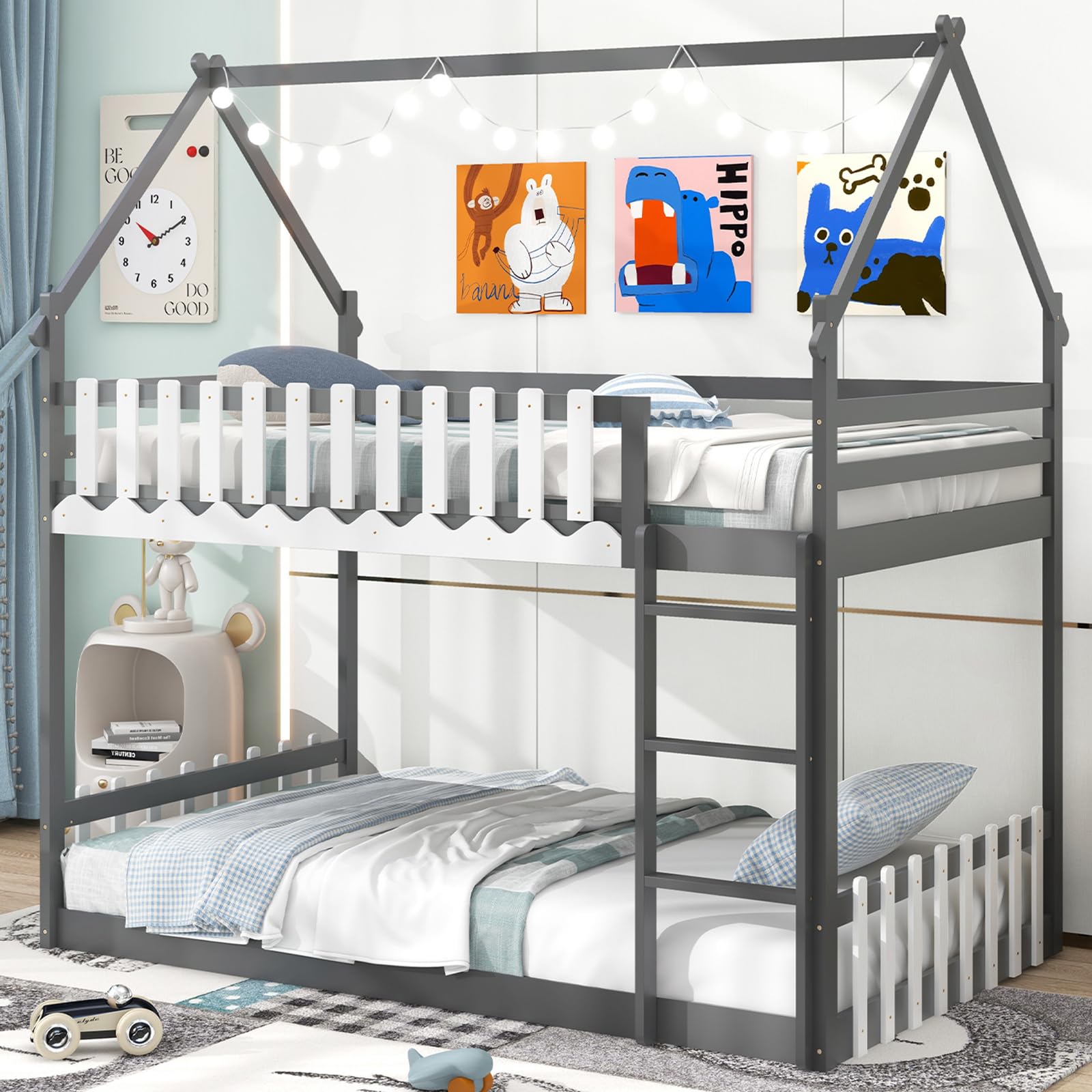 Wood Twin Over Twin House Bunk Bed, Solid Wood Low Bunk Bed with Ladder, Safety Guardrails & Fences