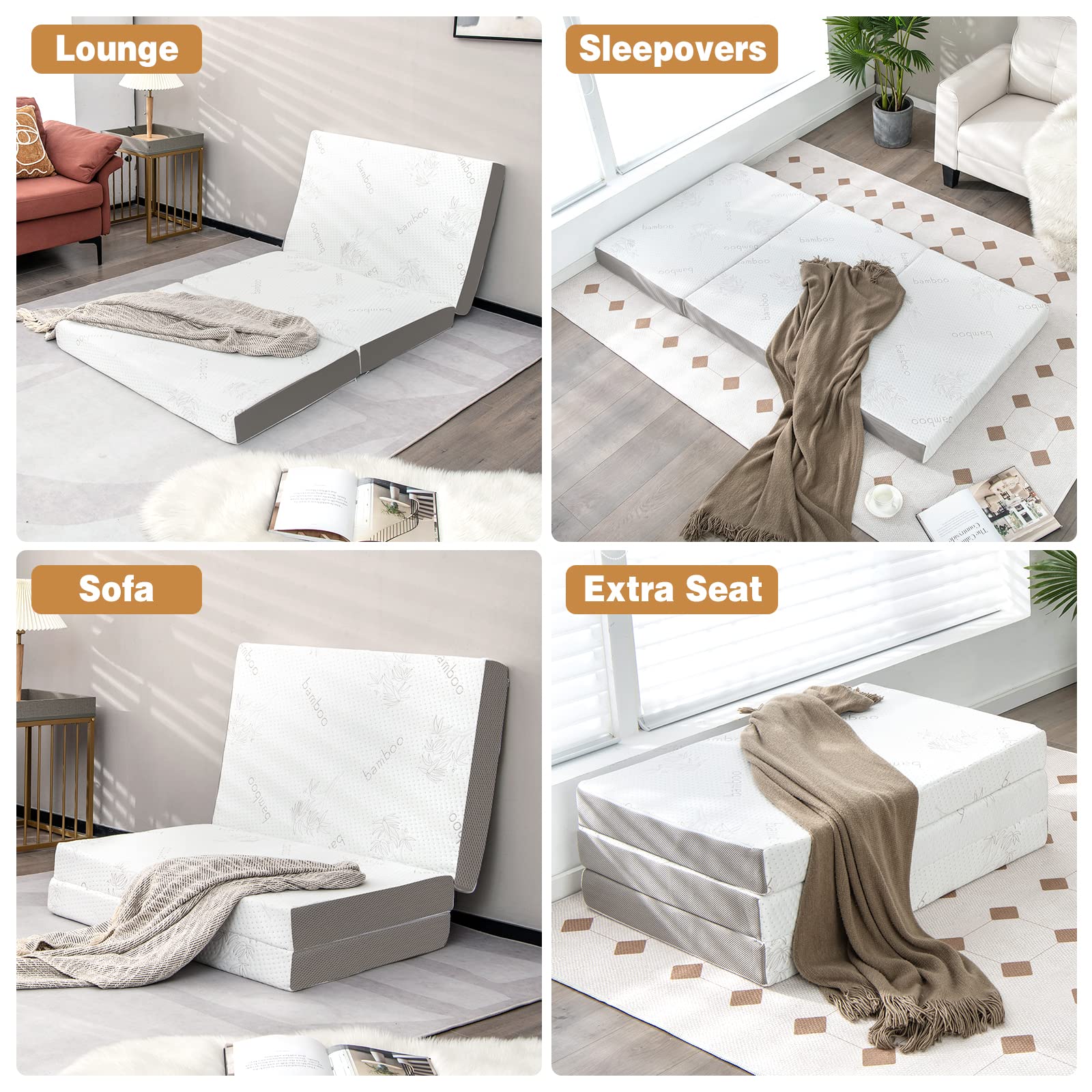 4" Tri-Folding Mattress with Storage Bag, Cool Gel Memory Foam Mattress with Removable Bamboo Cover