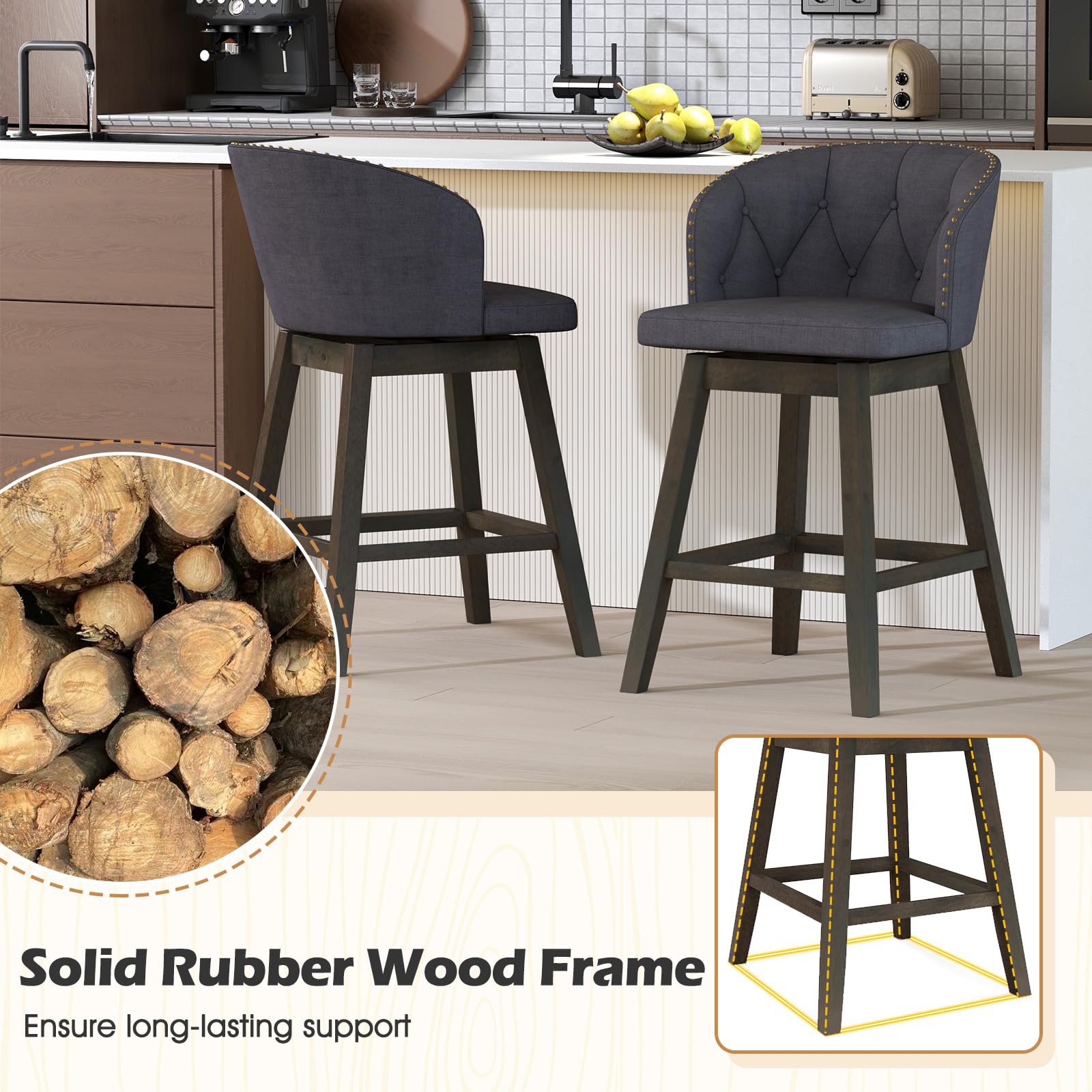 Counter Height Bar Stools Set of 2/4, Fabric Upholstered Island Stools with 360&deg; Swivel Seat & Button-Tufted Back