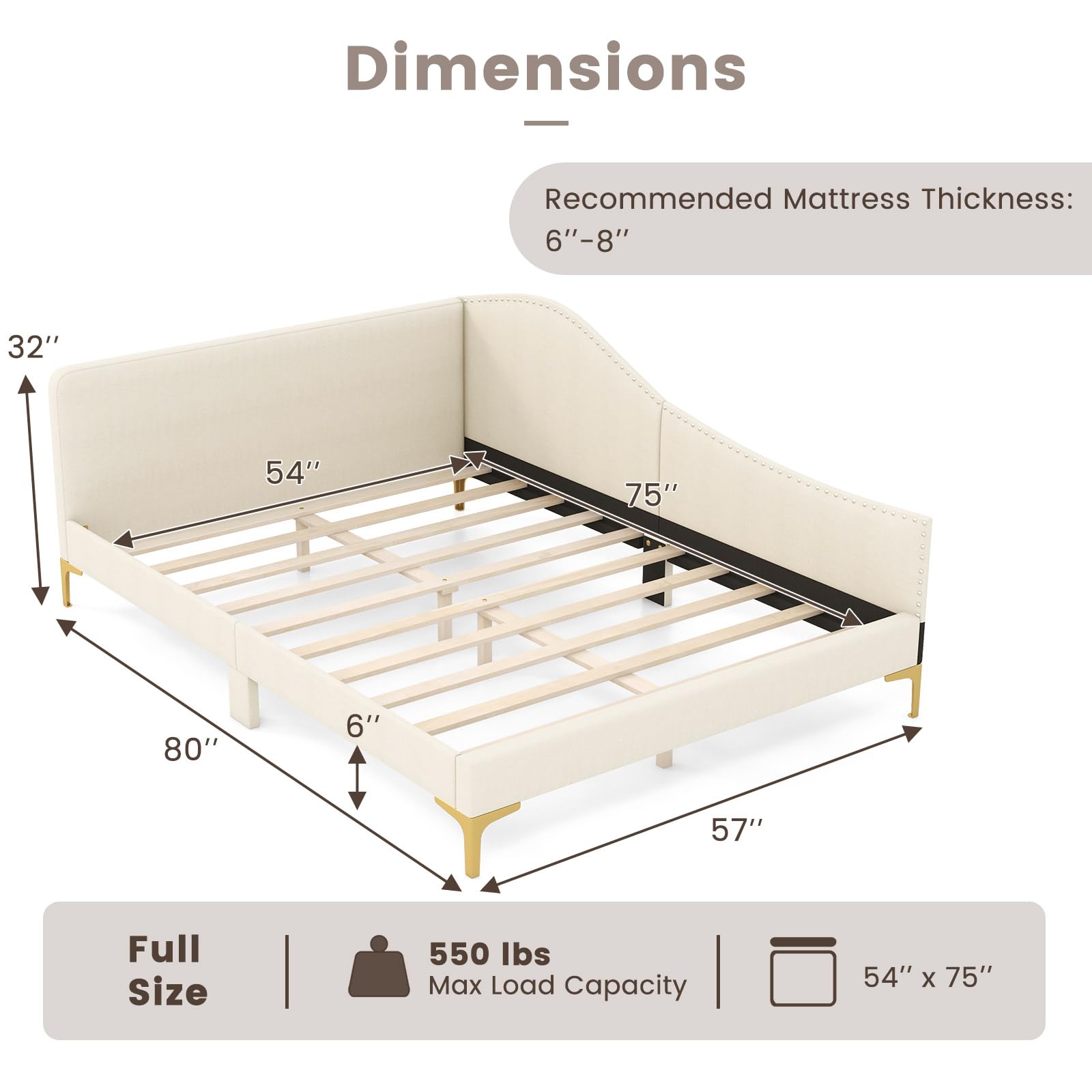 Rivet-Tufted Platform Bed Frame with Headboard, Metal Legs & Wood Slats, L-Shaped Corner Sofa Bed
