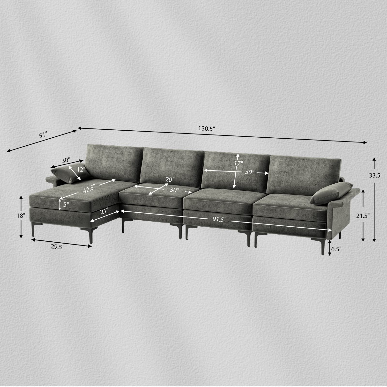 130.5 Inch Extra Large Convertible Sectional Sofa with Reversible Chaise Lounge, 3-Hole Outlets & 4 USB Ports