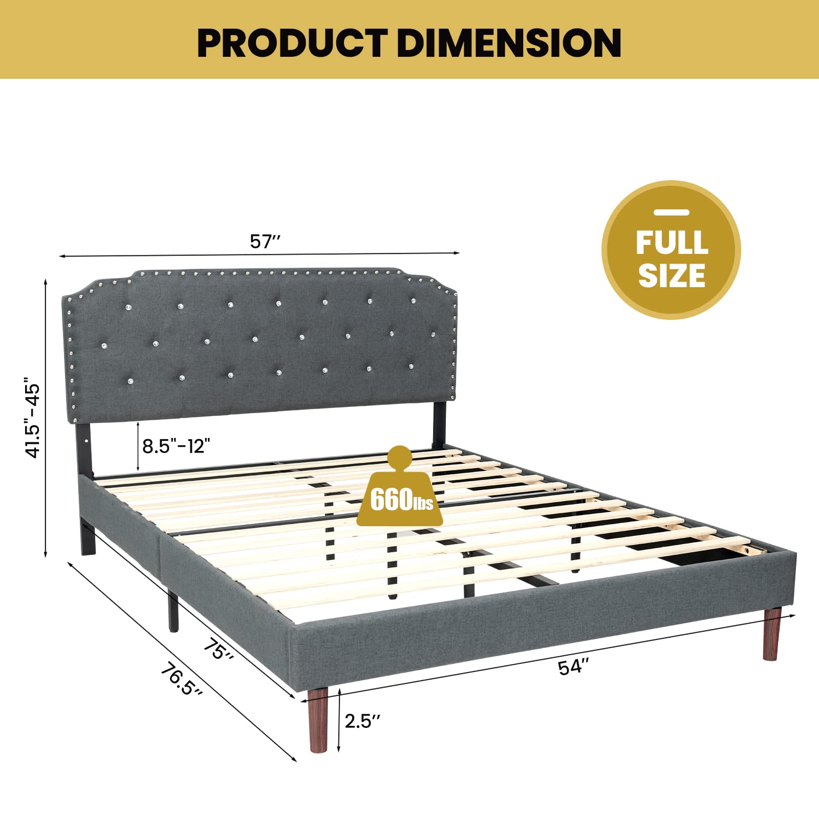 Upholstered Bed Frame with Adjustable Diamond Button Headboard