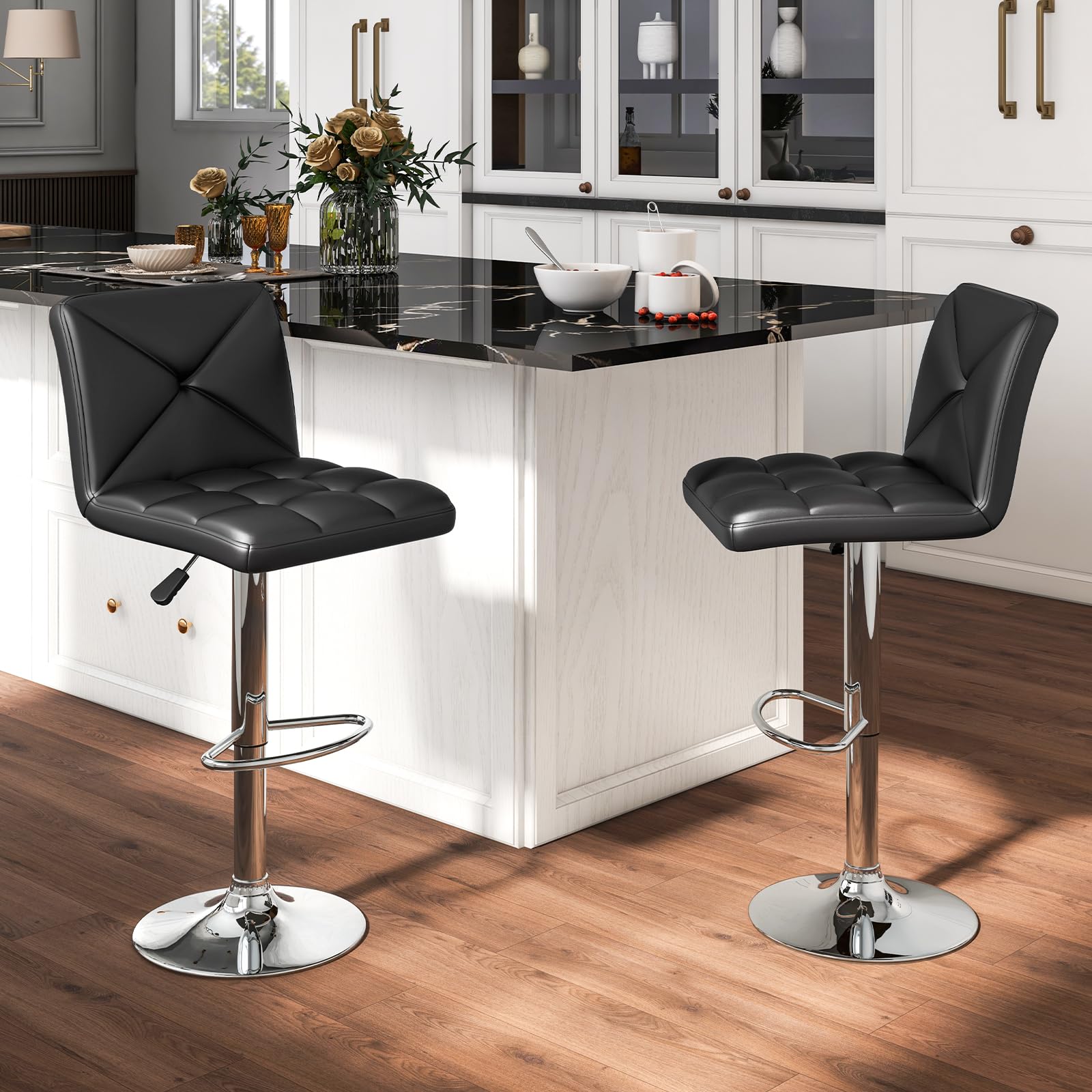 Bar Stools Set of 2/4, Modern PU Leather Swivel Counter Height Bar Stools with Back, Heavy-Duty Metal Base & Footrest