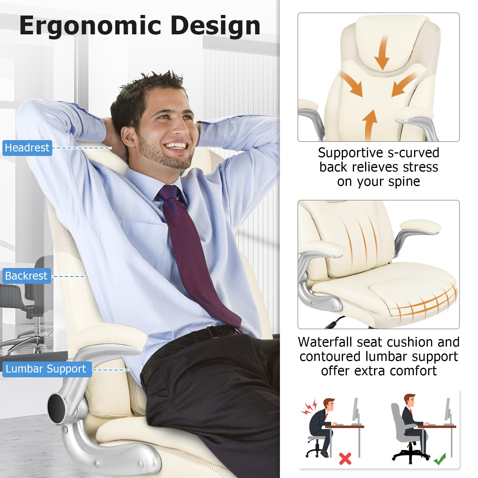 Executive Office Chair, PU Leather Ergonomic Desk Chair with Flip-up Armrests and Height Adjustable