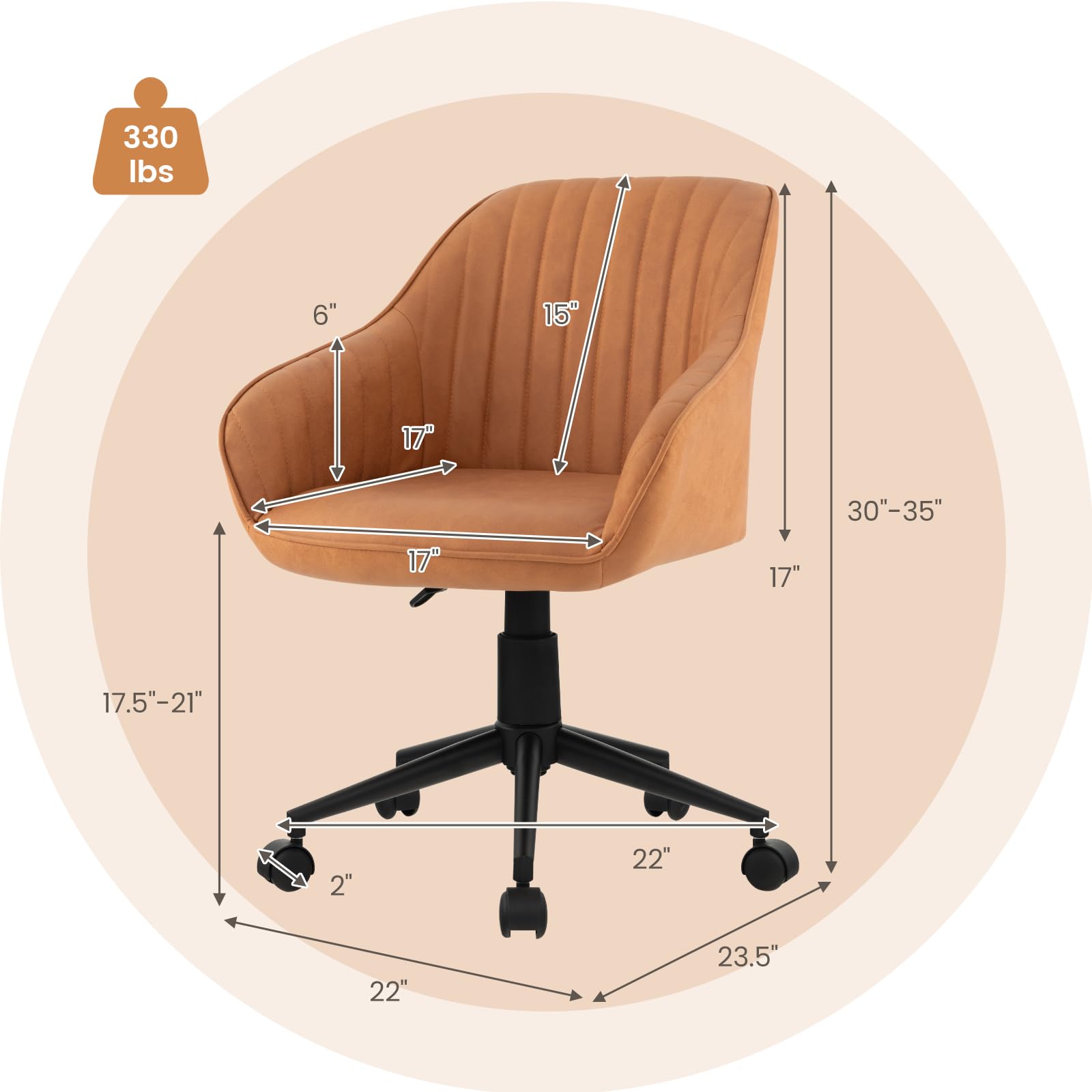 Leather Office Chair Brown, Mid Century Desk Chair with Wheels and Ergonomic Armrests