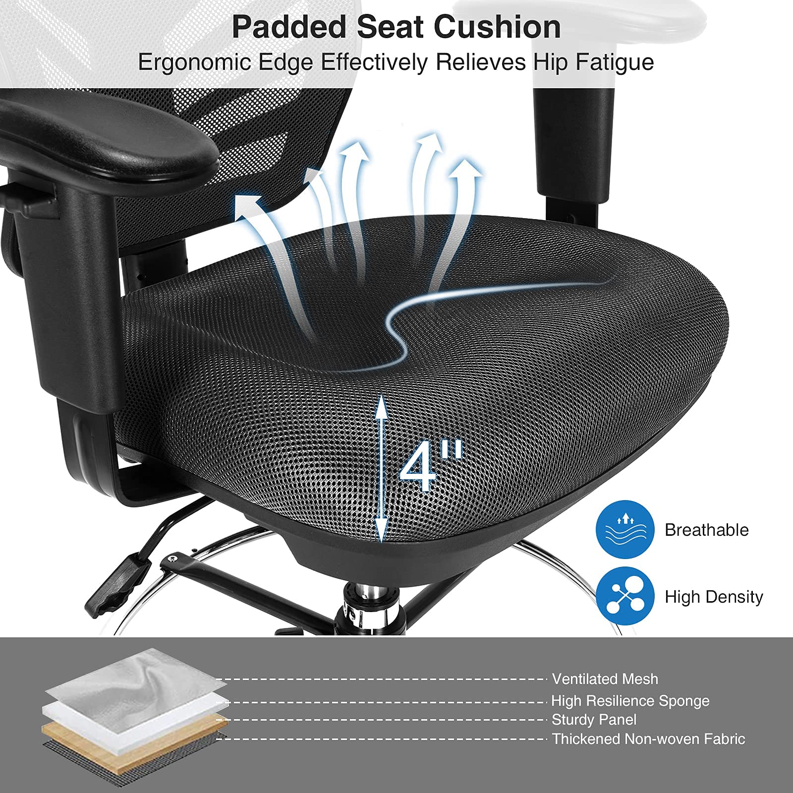 Drafting Chair, Standing Desk Chair with Lumbar Support, Footrest Ring & Armrests