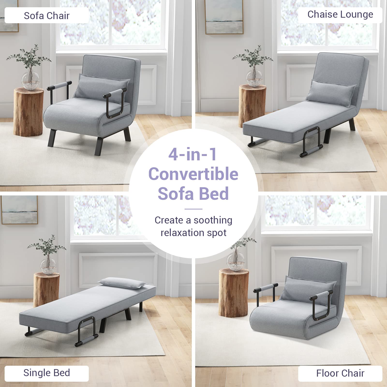 Convertible Upholstered Sleeper Chair Bed with Pillow, 4-in-1 Folding Sofa Bed with 6-Position Adjustable Backrest