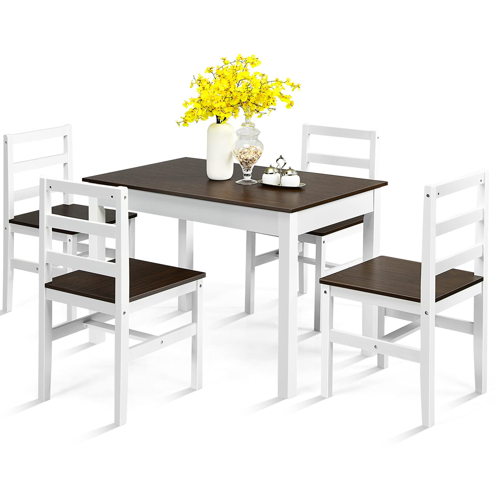 5 Piece Dining Set of 4, Solid Wood Rectangular Table & 4 Chairs, Farmhouse Dinette Set w/Pine Wood Legs