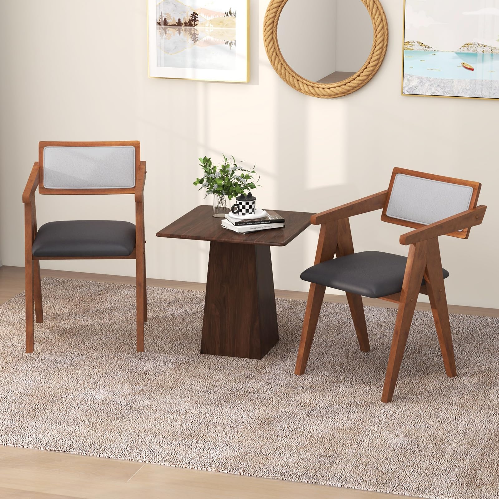 Wooden Dining Chairs Set of 2/4, Mid Century Upholstered Kitchen Chairs w/Leathaire Seat Cushions & Sherpa Backrests