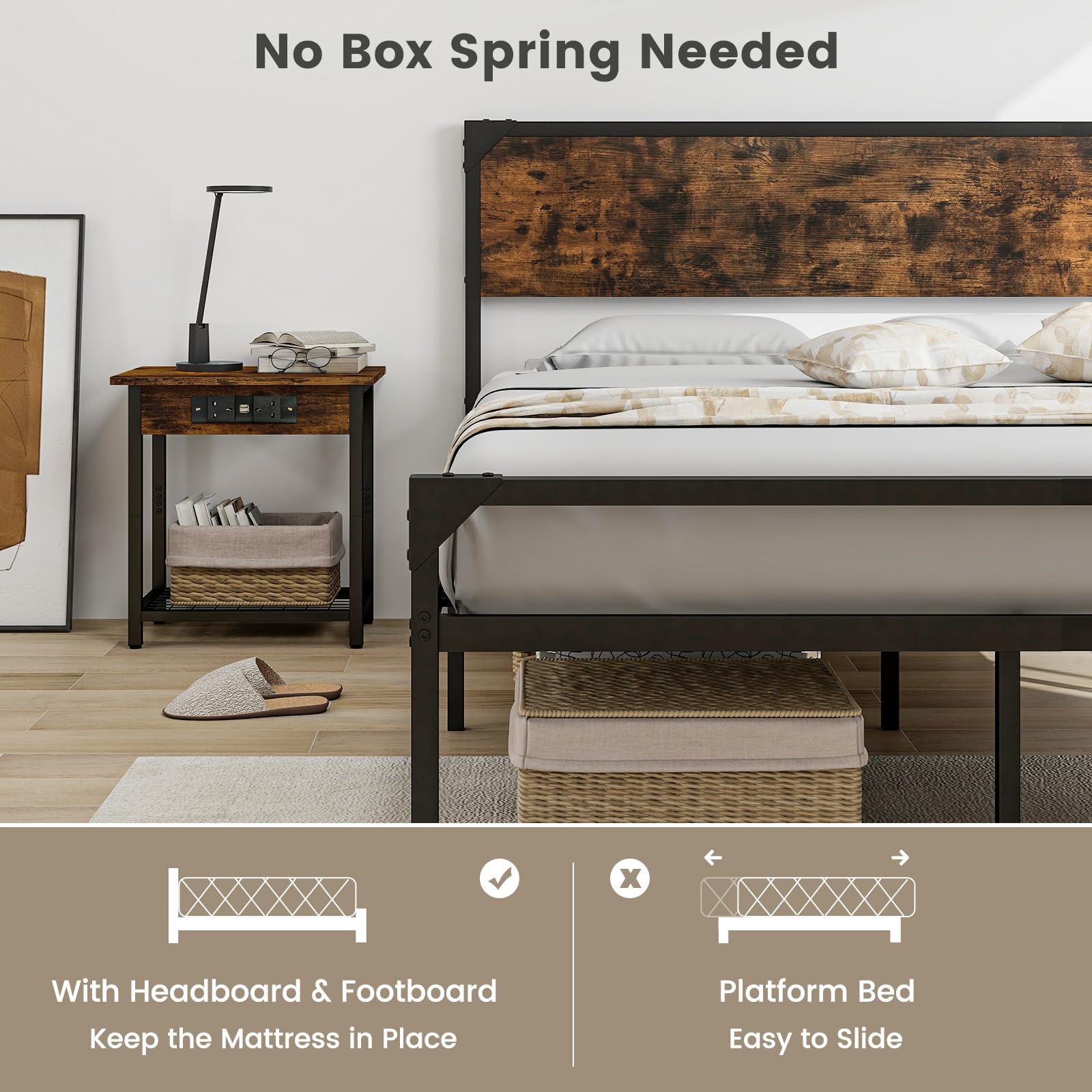 Full/ Queen Size Metal Bed Frame with Wood Headboard