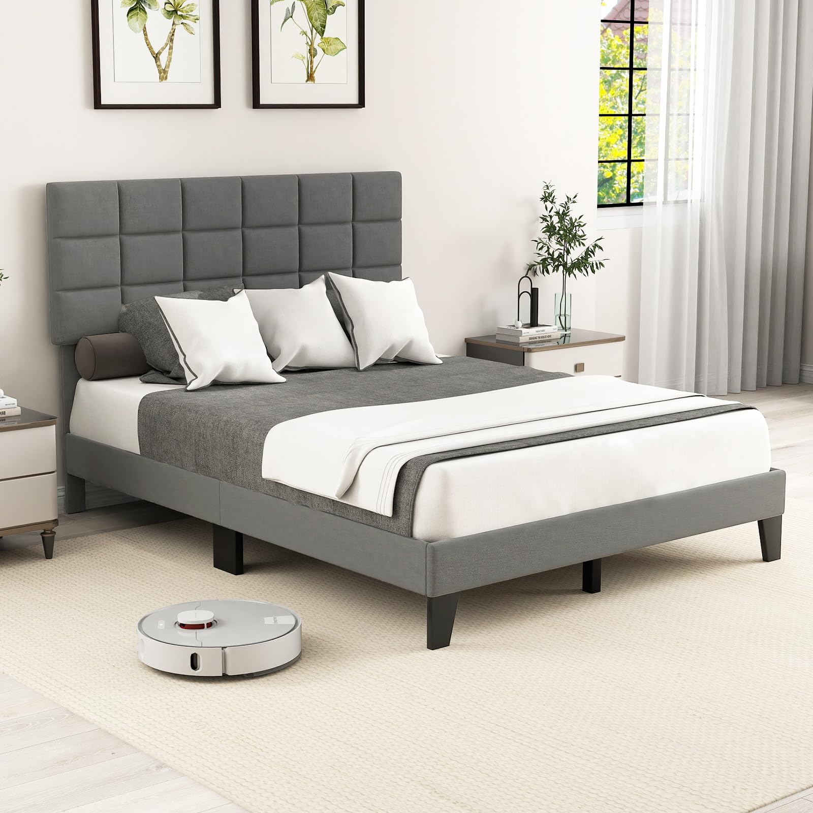 Linen Fabric Upholstered Bed Frame with Adjustable Headboard & Wooden Slat Support