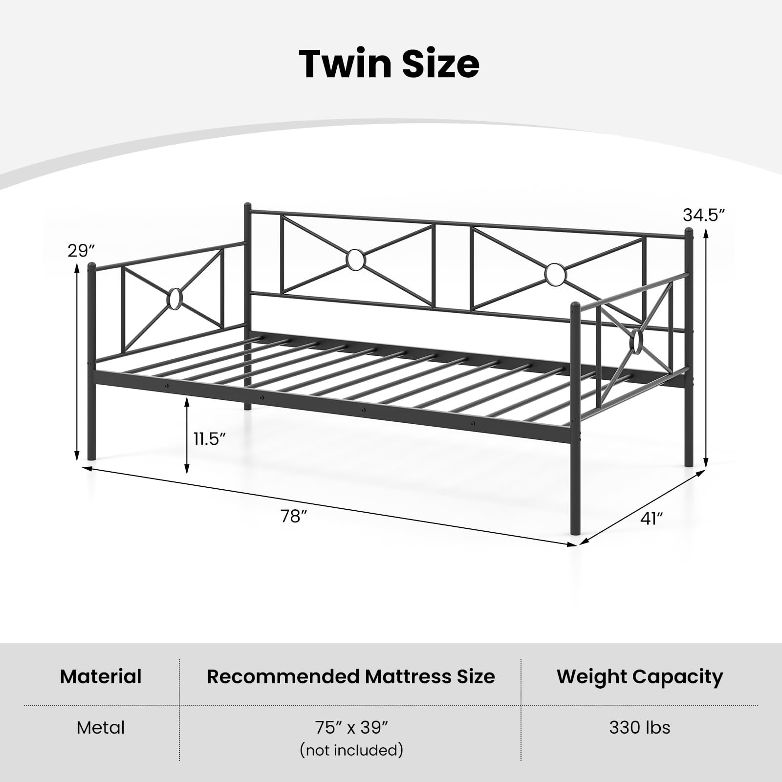 Twin Size Metal Daybed Frame, Heavy-Duty Steel Slats Support Platform Bed Frame, Multifunctional Sofa Guest Bed with Headboard