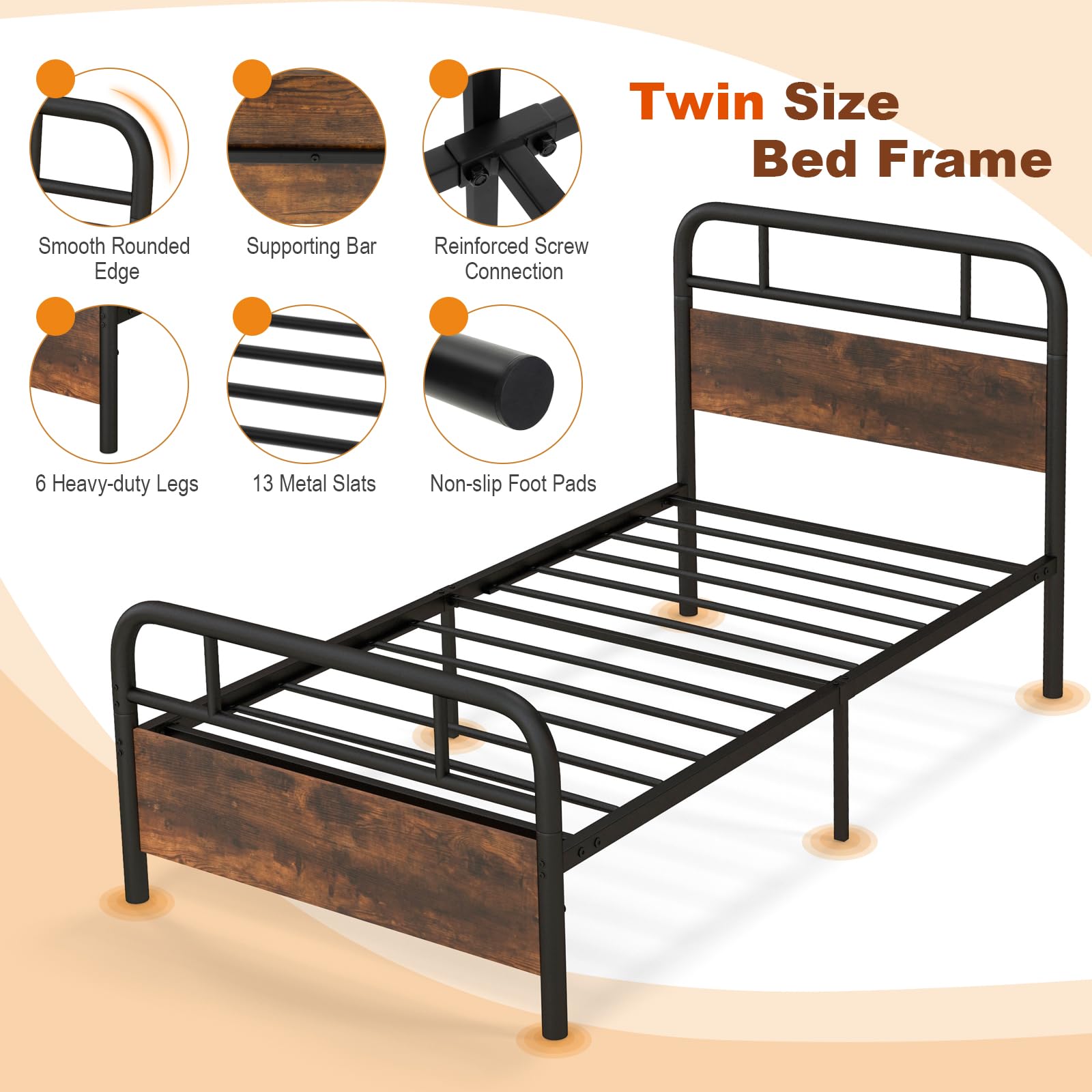 Industrial Metal Bed Frame with Wood Headboard and Footboard, Rustic Brown