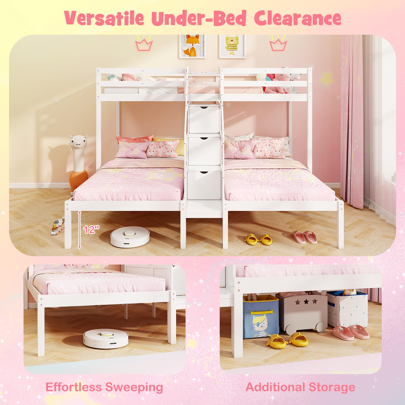 Triple Bunk Beds with 4-Step Storage Stair, Guardrail & Solid Wood Structure