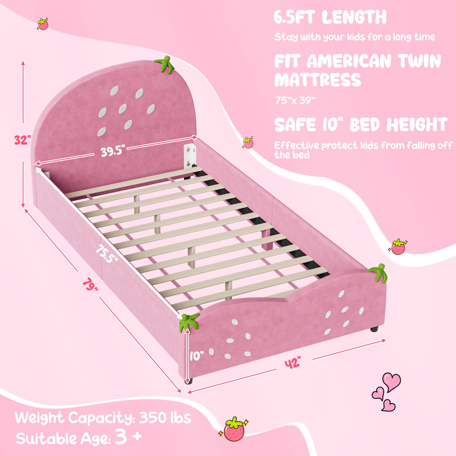Kids Twin Bed Frame with Headboard, Toddler Upholstered Platform Bed with Slatted Bed Base