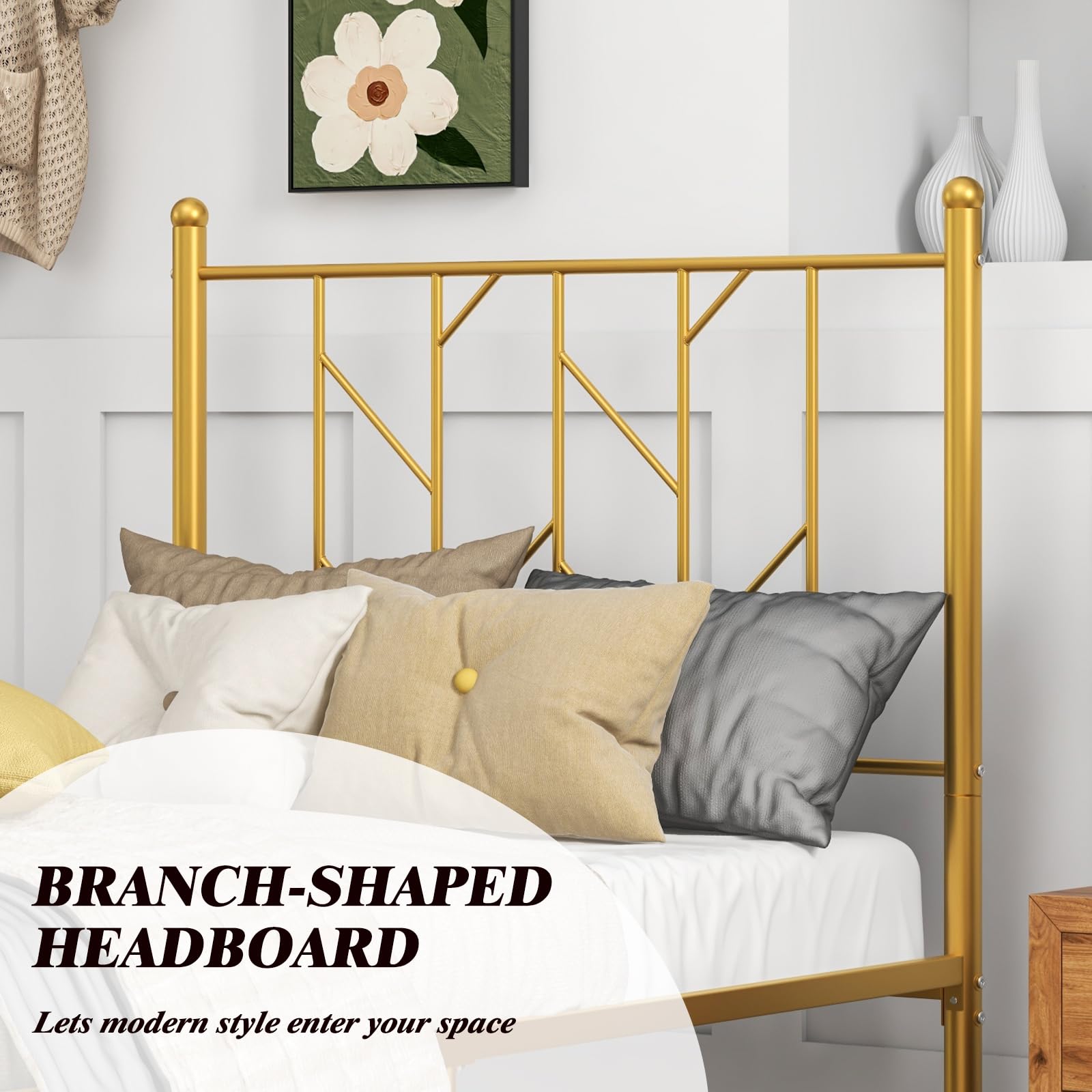 Metal Bed Frame with Victorian Style Headboard, 14 Metal Slats Support