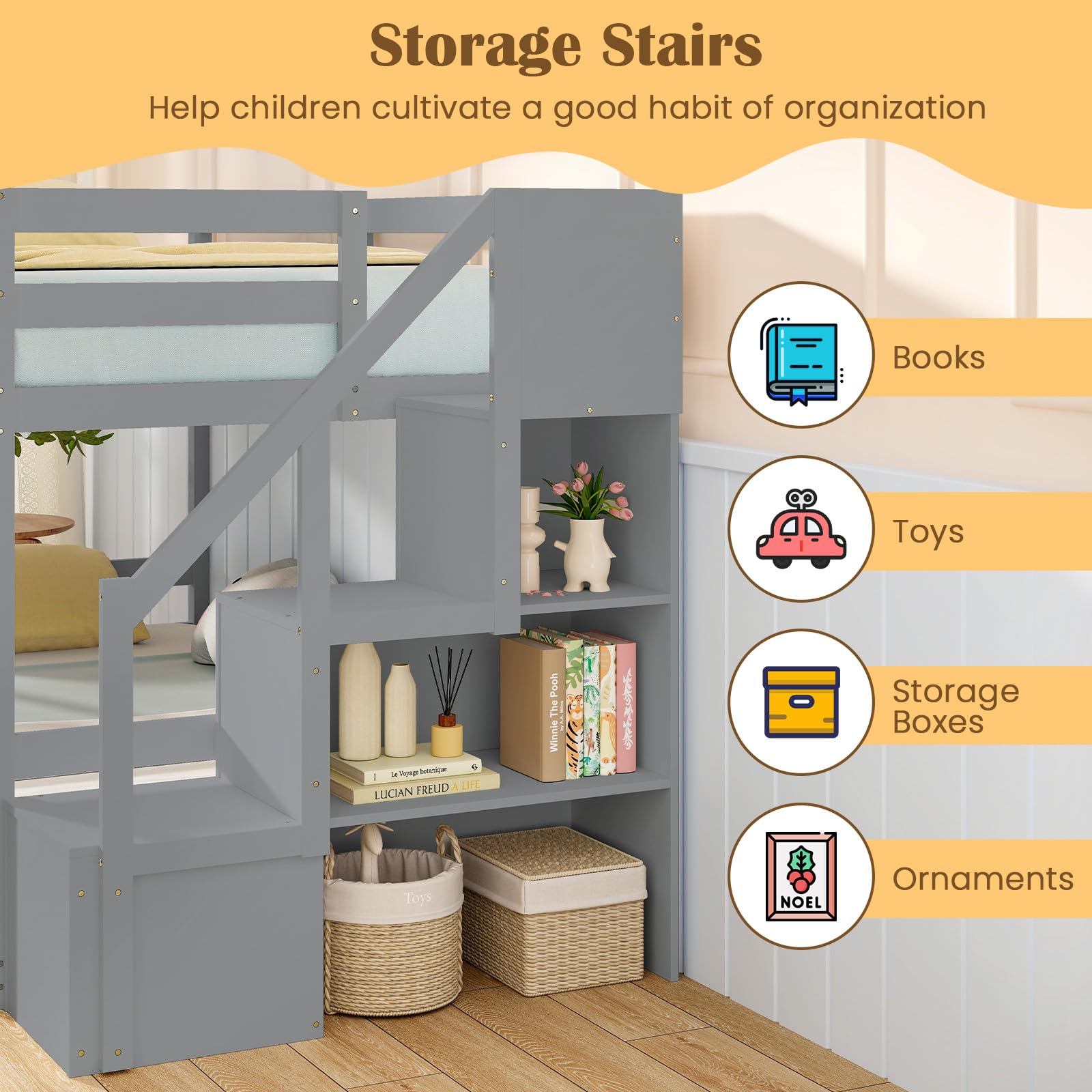 Bunk Bed with Stairs, Solid Wood Floor Bunk Bed with Storage Staircase & Full-Length Guardrails