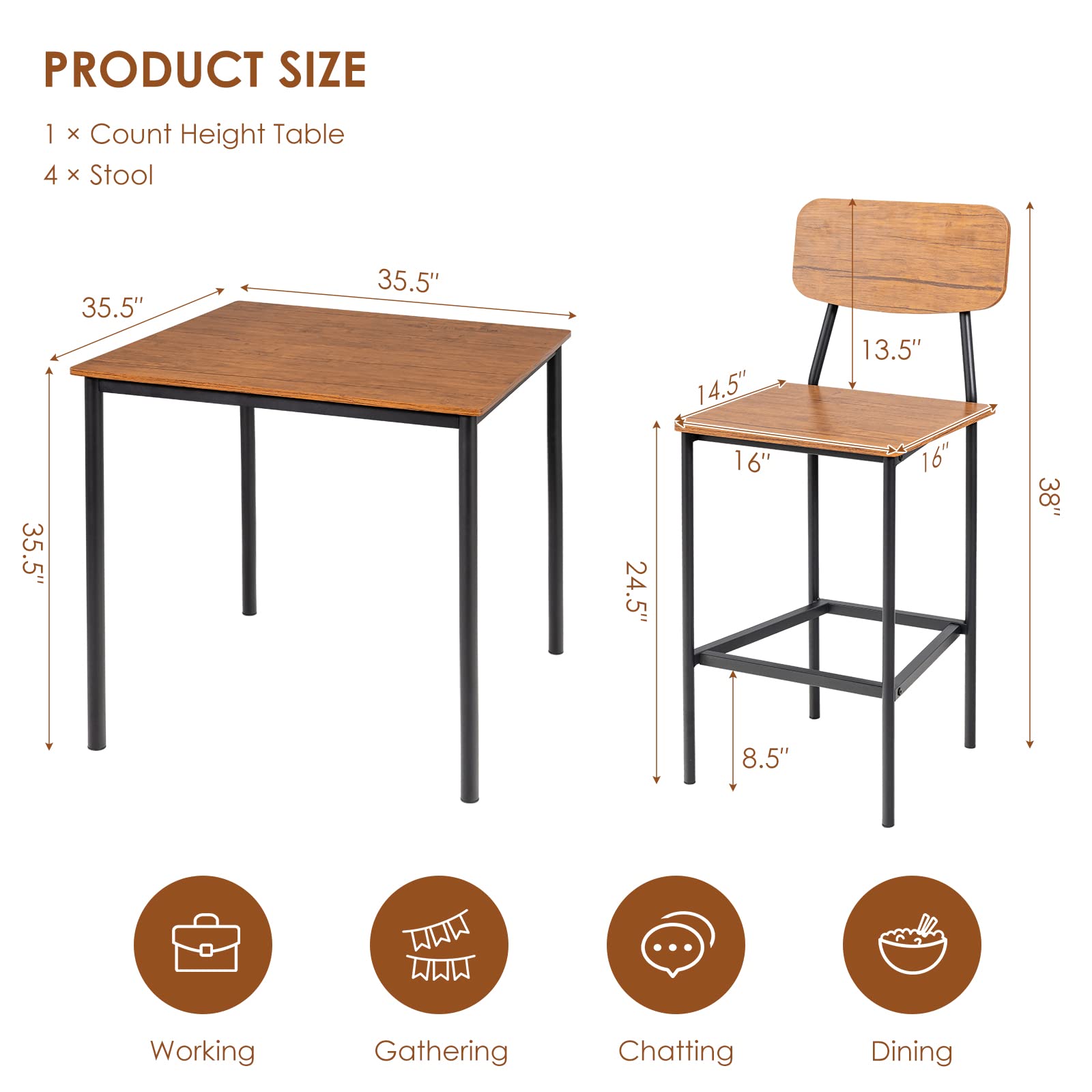 5 Piece Dining Table Set with Counter Height Table & 4 Bar Stools, Industrial Kitchen Dining Table Set  with Footrest & Backrest