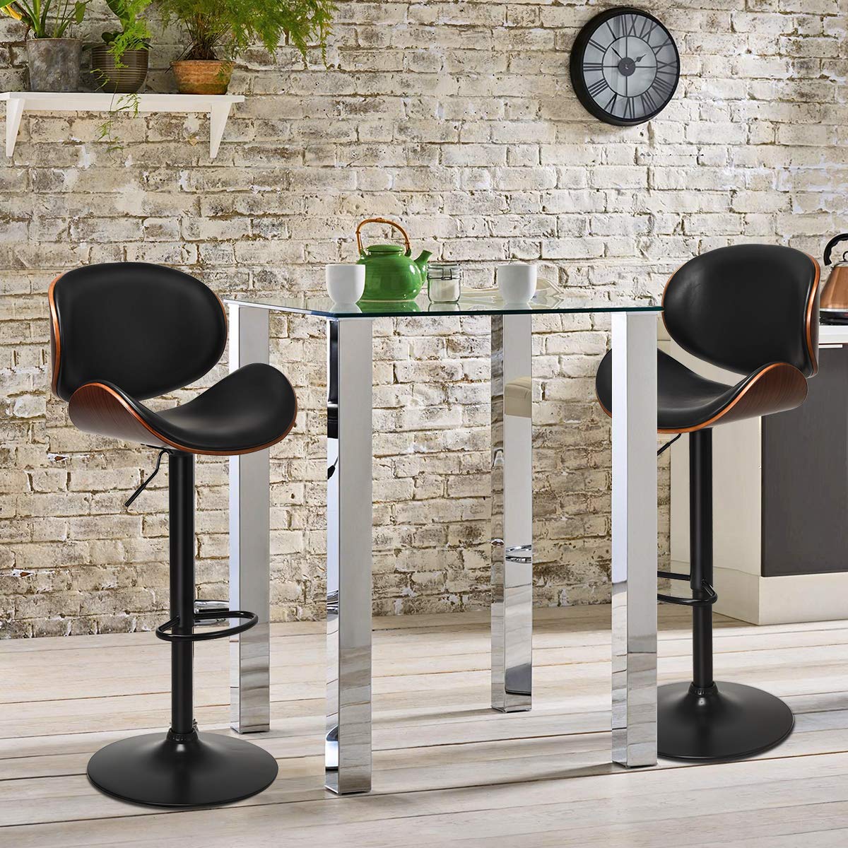 Bar Stools Set of 2/4, Adjustable Swivel Bentwood Barstools with Back, Large Iron Base, 360 Degree PU Leather Seat and Curved Footrest