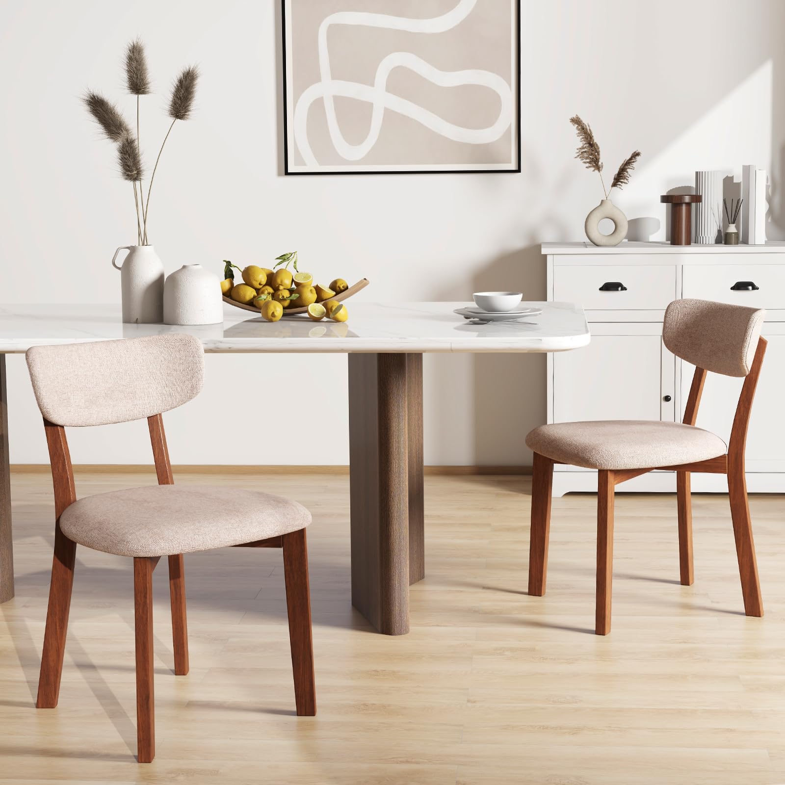Dining Chairs Set of 2/4, Upholstered Mid-Back Kitchen Chairs with Solid Rubber Wood Frame, Curved Backrest & Padded Seat Cushion