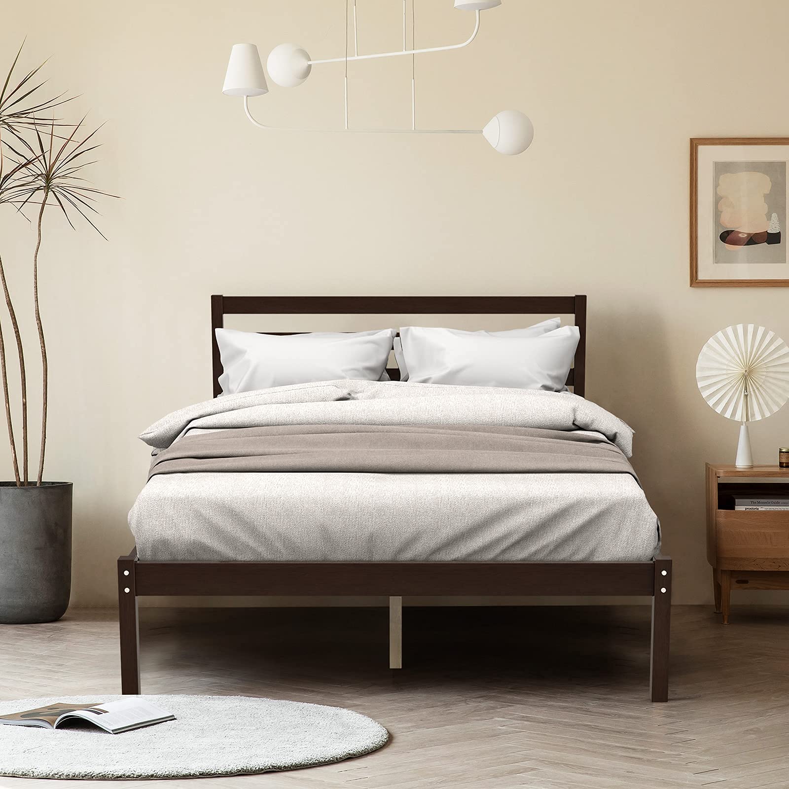 Wood Platform Bed Frame, Paneled Headboard, Wood Slat Support