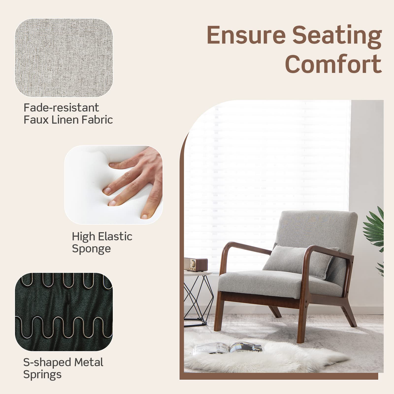 Mid Century Modern Chair, Indoor Living Room Leisure Accent Chair with Cushioned Seat & Back