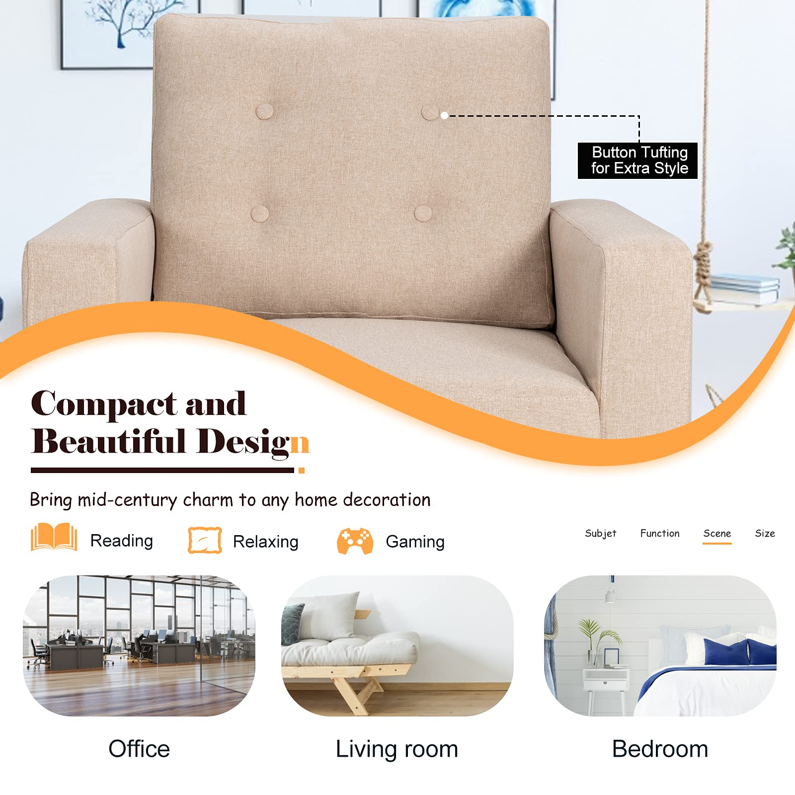 Modern Accent Chair, Mid-Century Upholstered Armchair Club Chair with Rubber Wood Legs