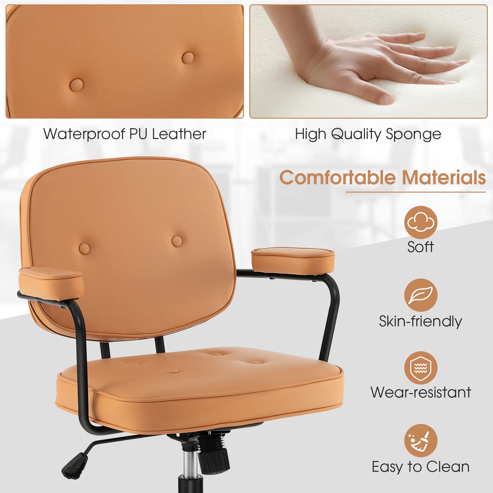 Mid Century Leather Height Adjustable Office Chair with Rocking Backrest & Padded Armrest