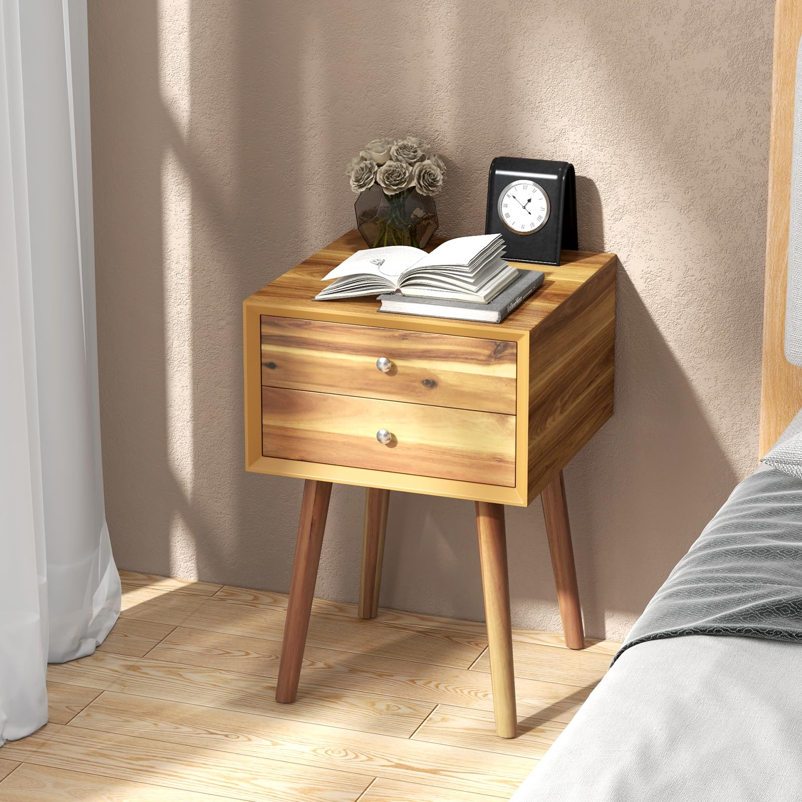 2-Drawer Nightstand, Mid-Century Modern Bed Side Table with Storage