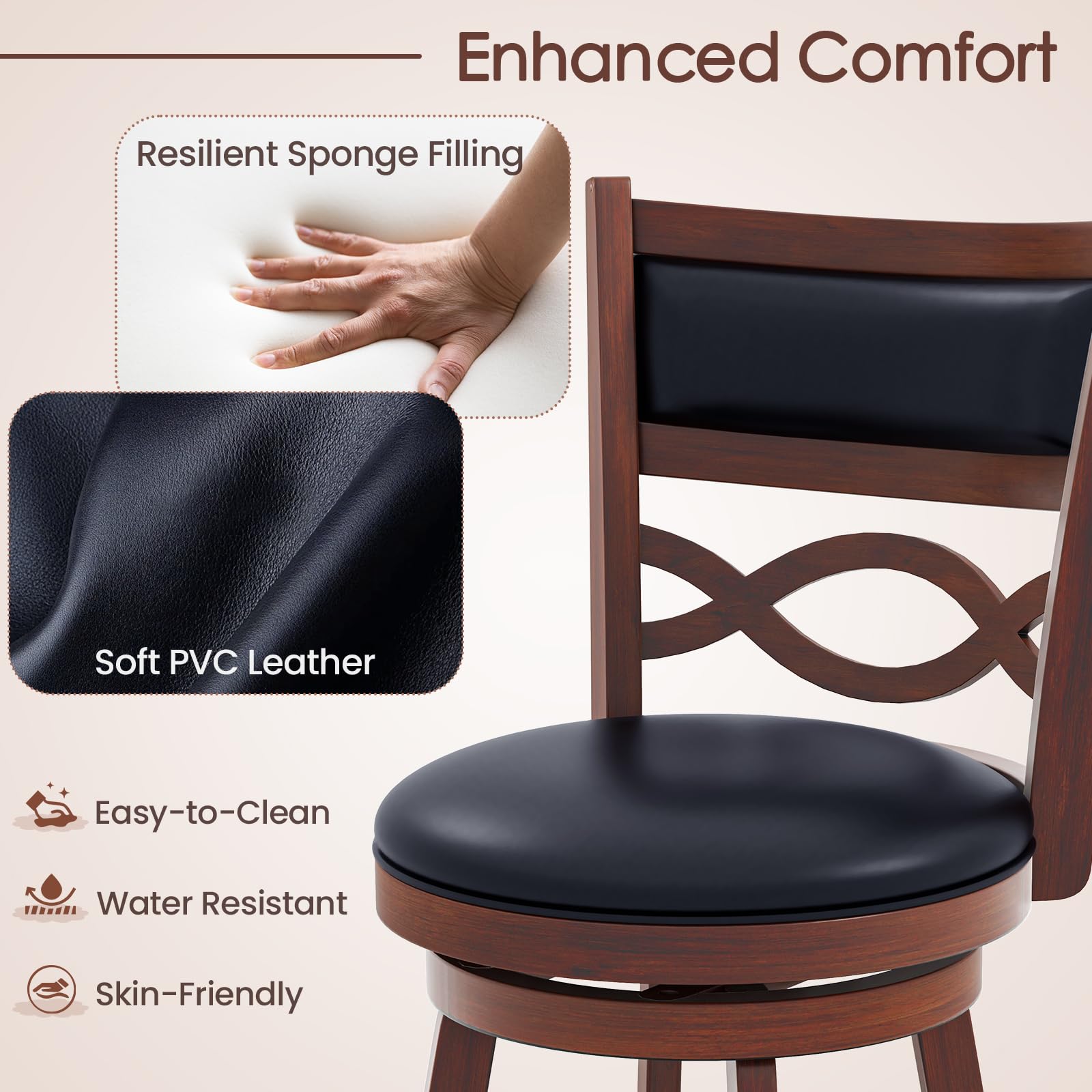 Bar Stools Set of 2/4, 24.5&rdquo; Counter Height Stools with Rubber Wood Frame, Faux Leather Upholstered Seat and Backrest