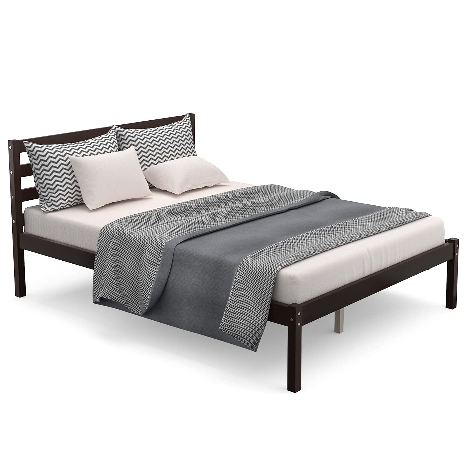 Wood Platform Bed Frame, Paneled Headboard, Wood Slat Support