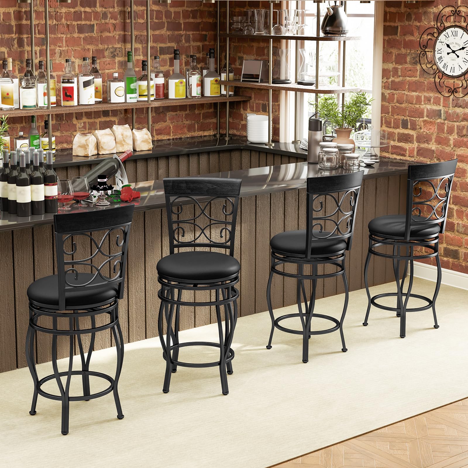 Swivel Bar Stools Set of 2/4, Counter Height Bar Stools with Back, Upholstered PU Leather Seat, Footrest