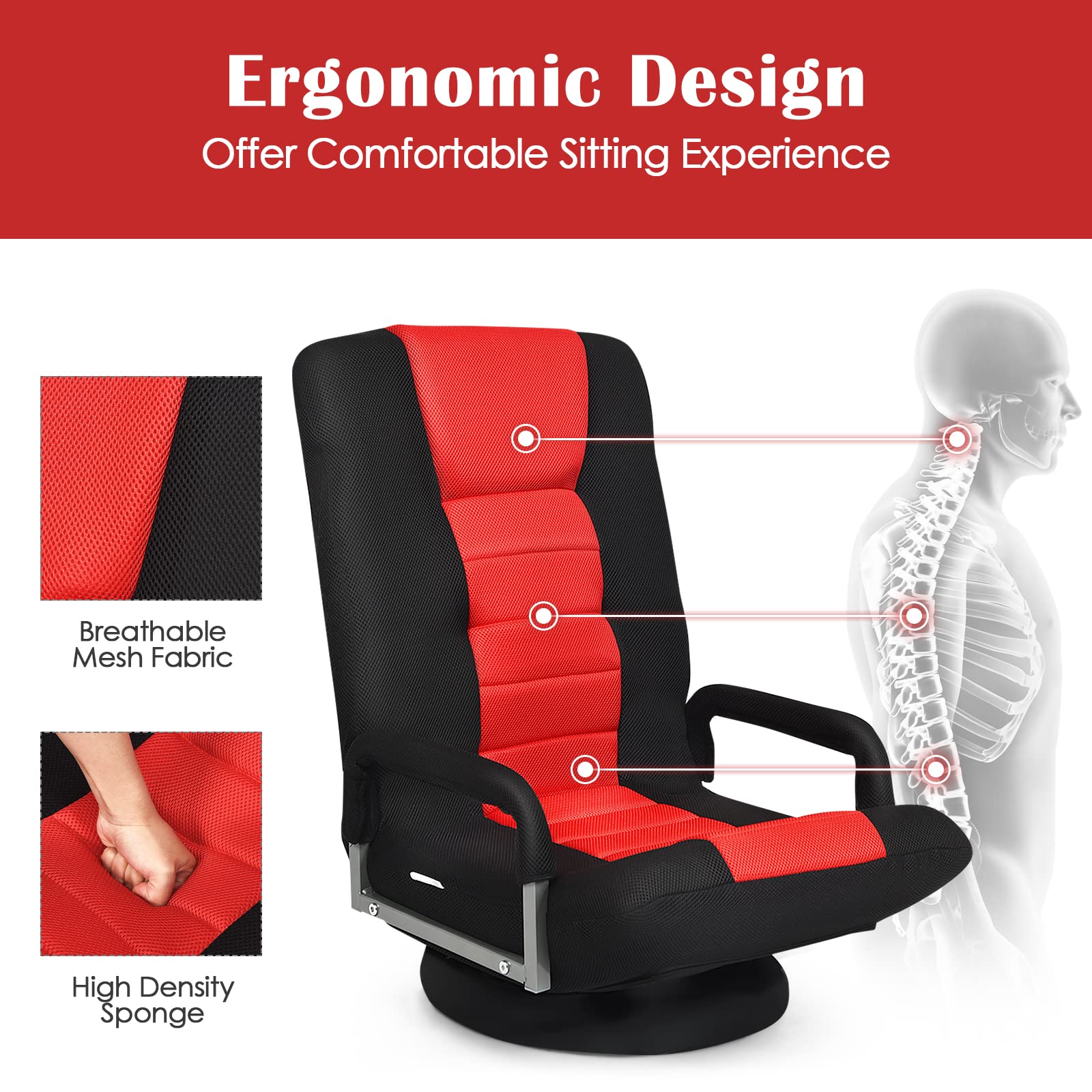 360-Degree Foldable Swivel Gaming Floor Chair With 6 Adjustable Position, Armrests, Padded Backrest