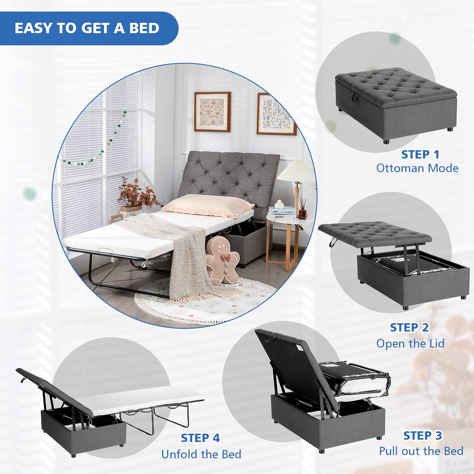 Folding Ottoman Sleeper Chair With Mattress, Convertible Fold Out Sofa Bed