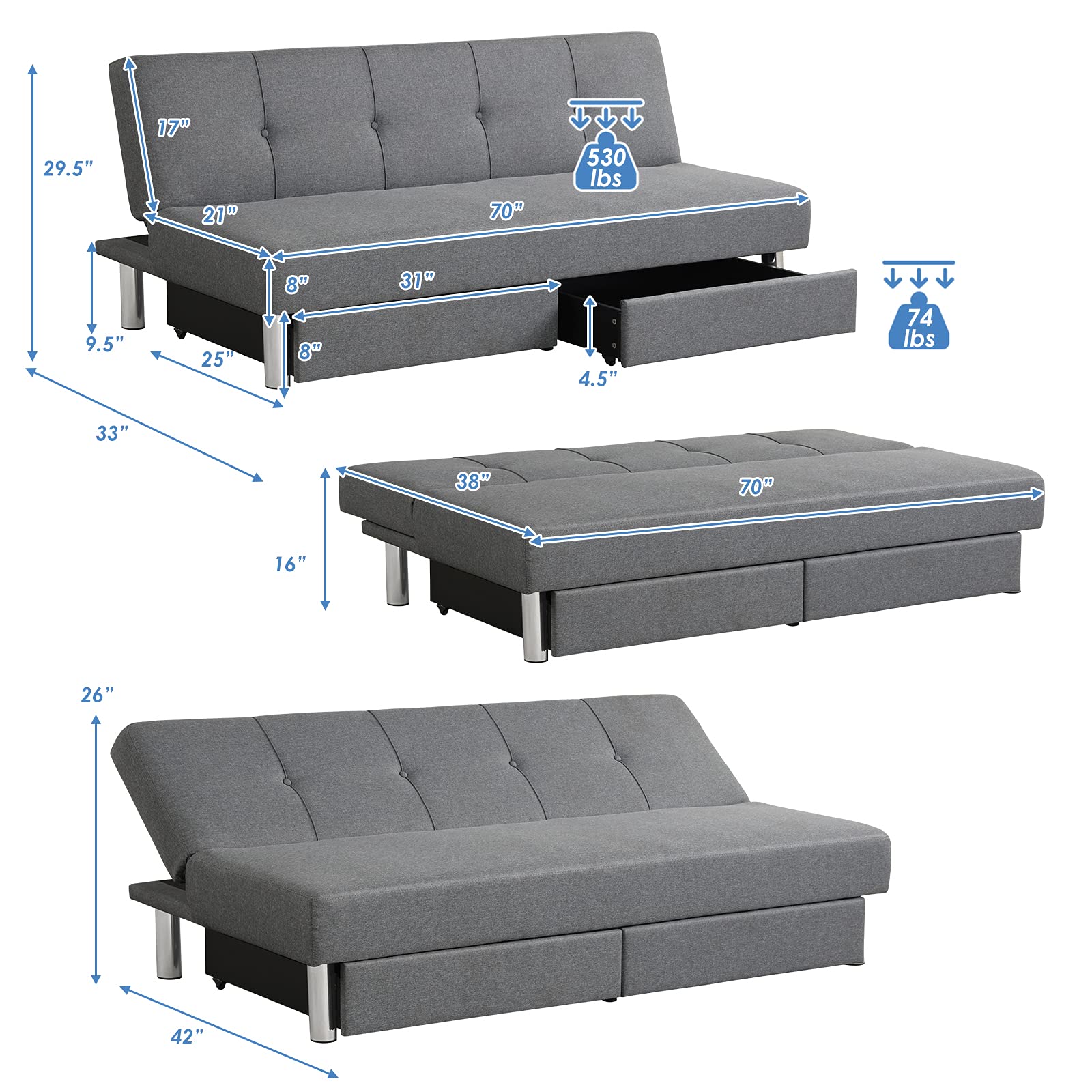 3-Seat & 3 Adjustable Angles Convertible Sofa Bed w/ 2 Large Drawers