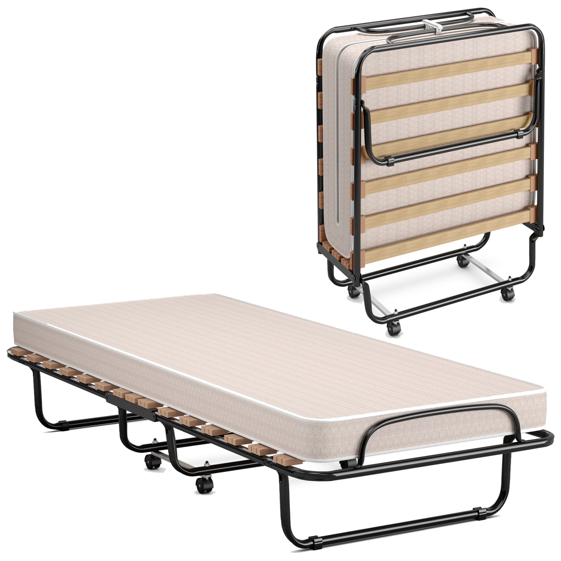 Portable Folding Rollaway Bed with Steel Frame & Memory Foam Mattress