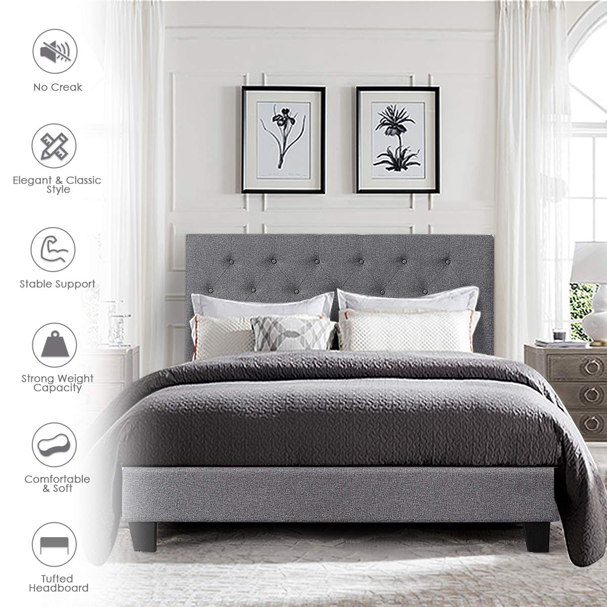 Shalini Upholstered Panel Platform Bed Frame with Diamond Stitched Linen Panel Headboard
